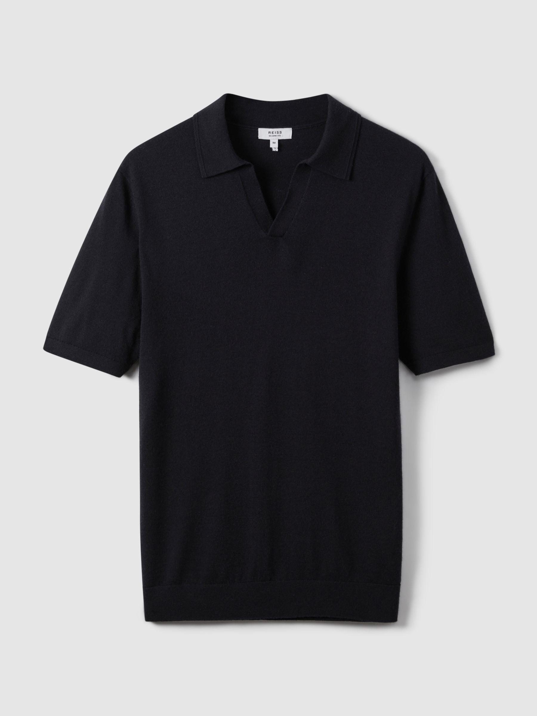 Merino Wool Open-Collar Polo Shirt in Navy