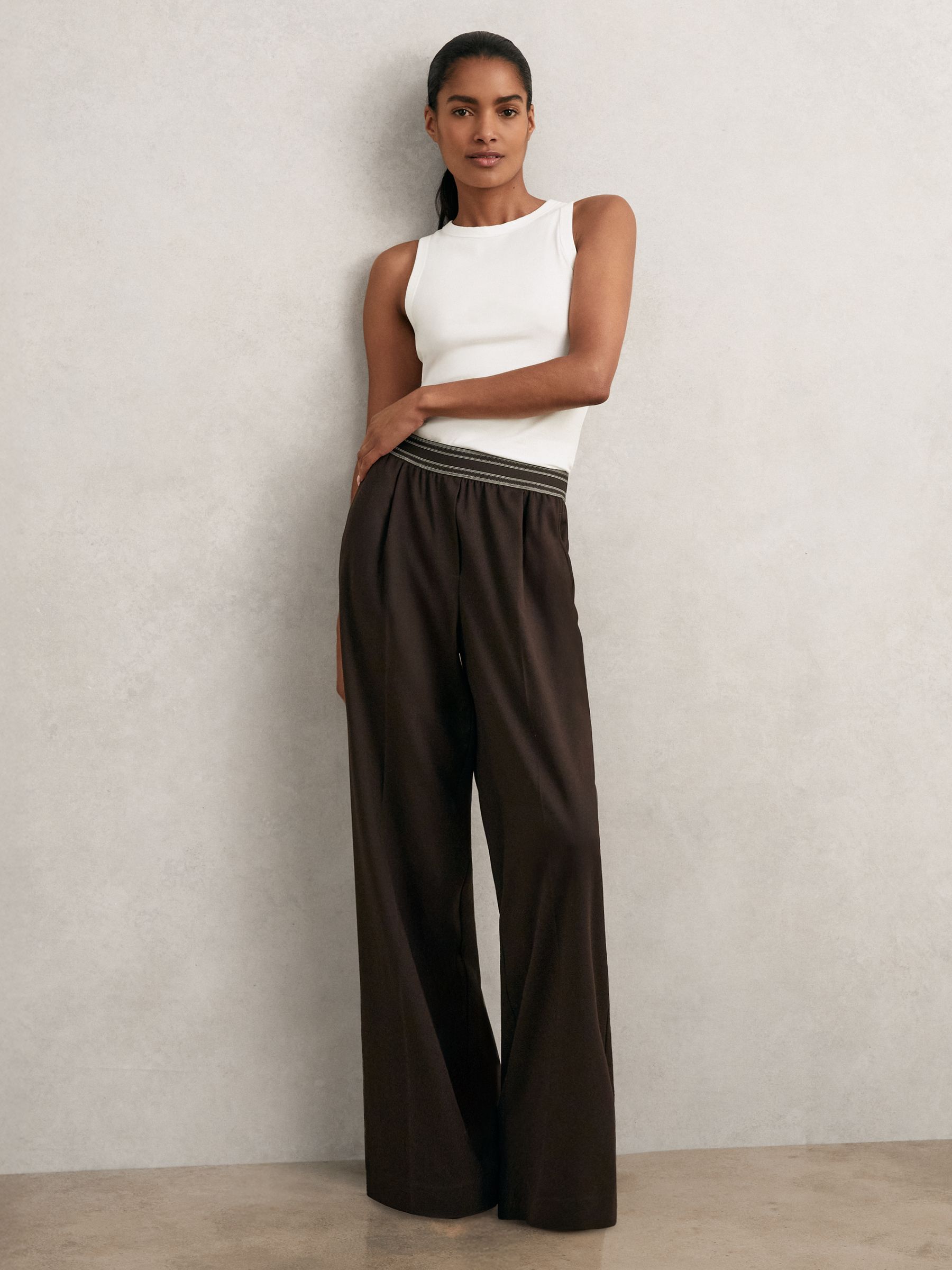 Petite Wide-Leg Contrast-Waistband Trousers in Chocolate Brown
