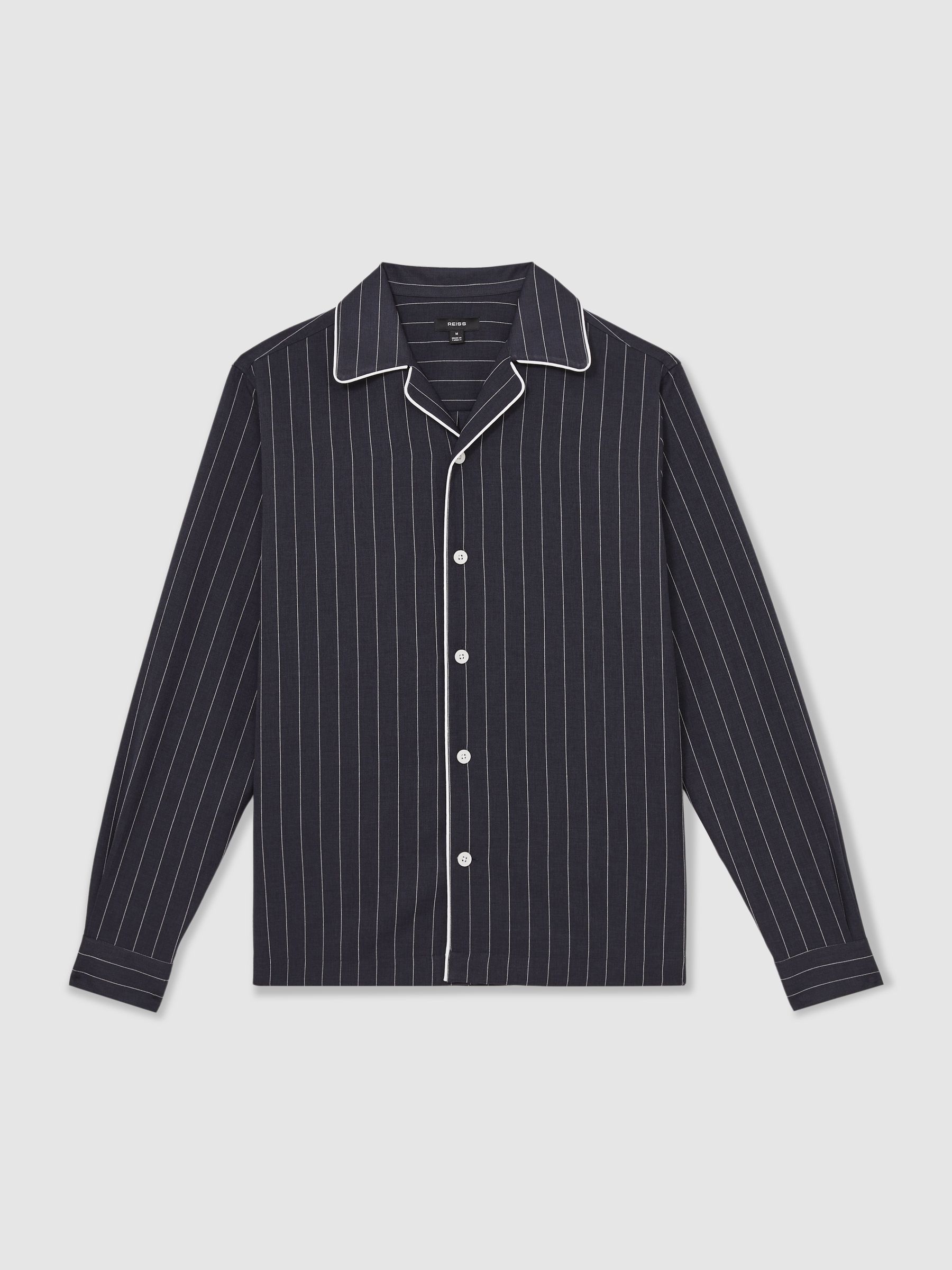 Pinstripe Cuban-Collar Piped Shirt in Navy/White