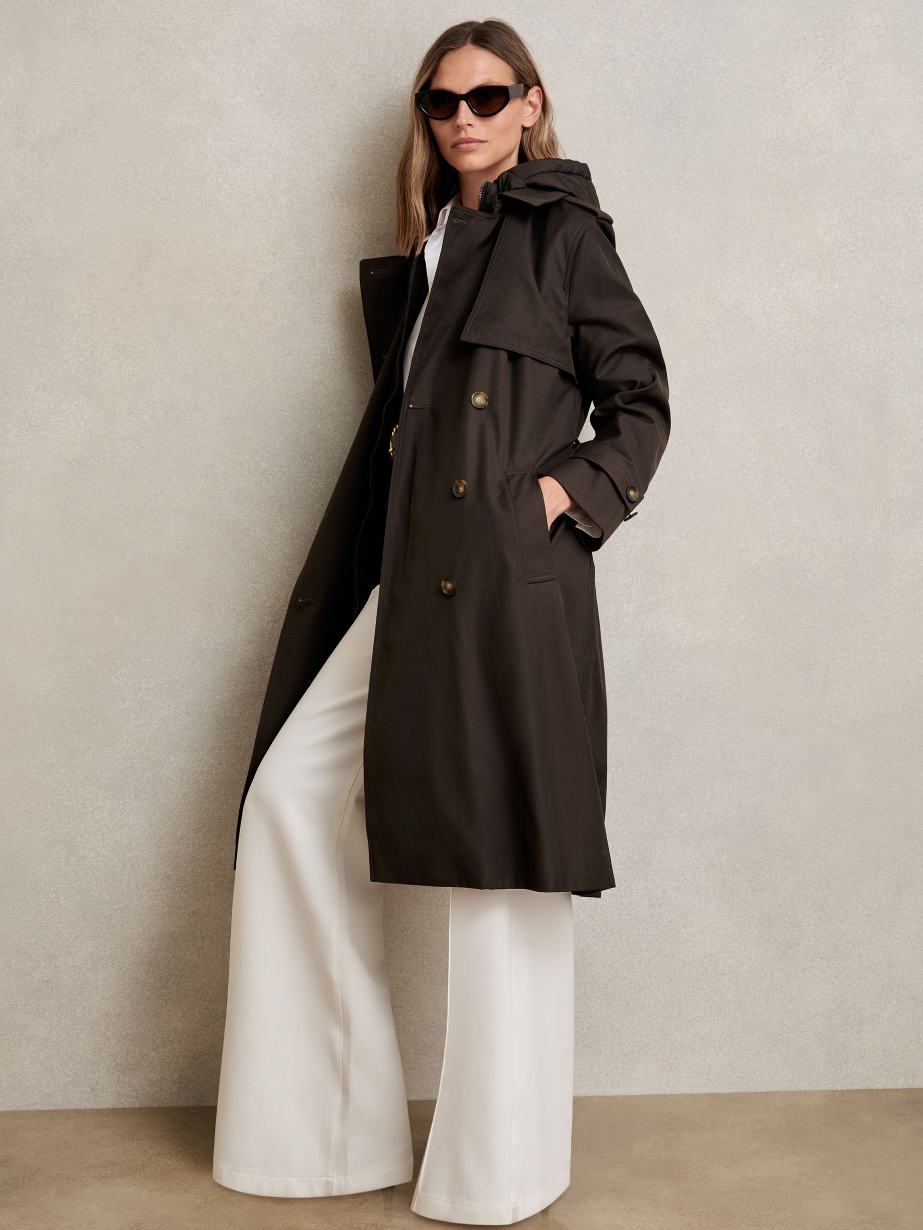 Petite Hooded Insert Trench Coat in Chocolate Brown