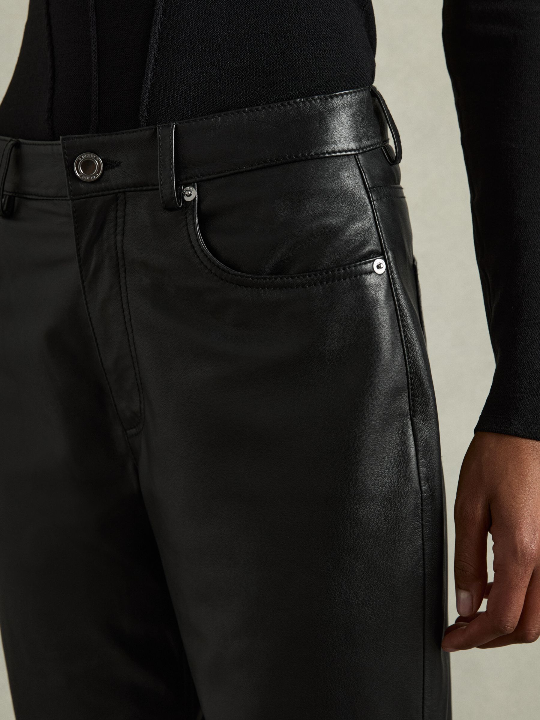 Petite Leather Slim-Leg Trousers in Black