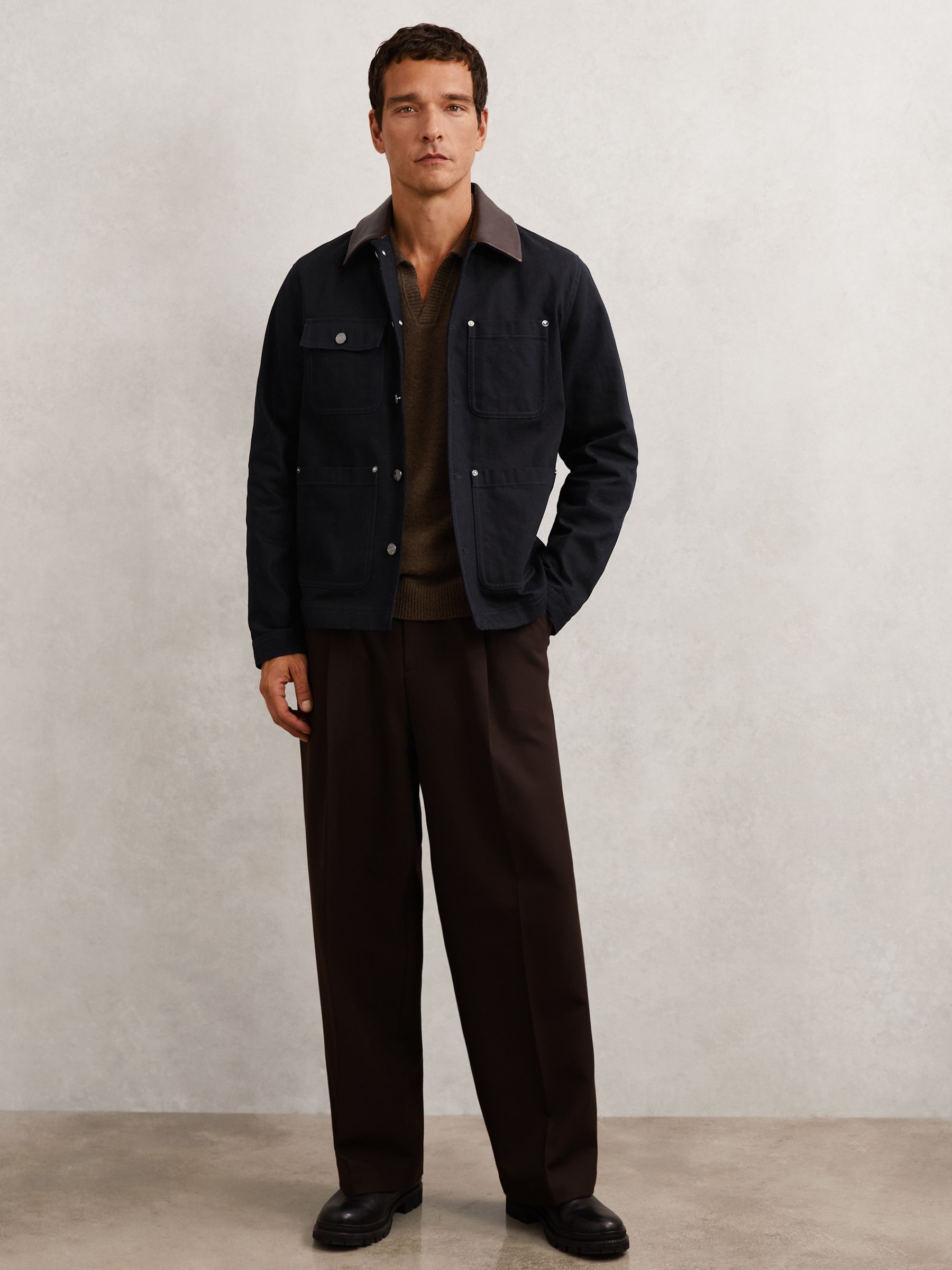 Denim Leather-Collar Worker Jacket in Indigo Blue