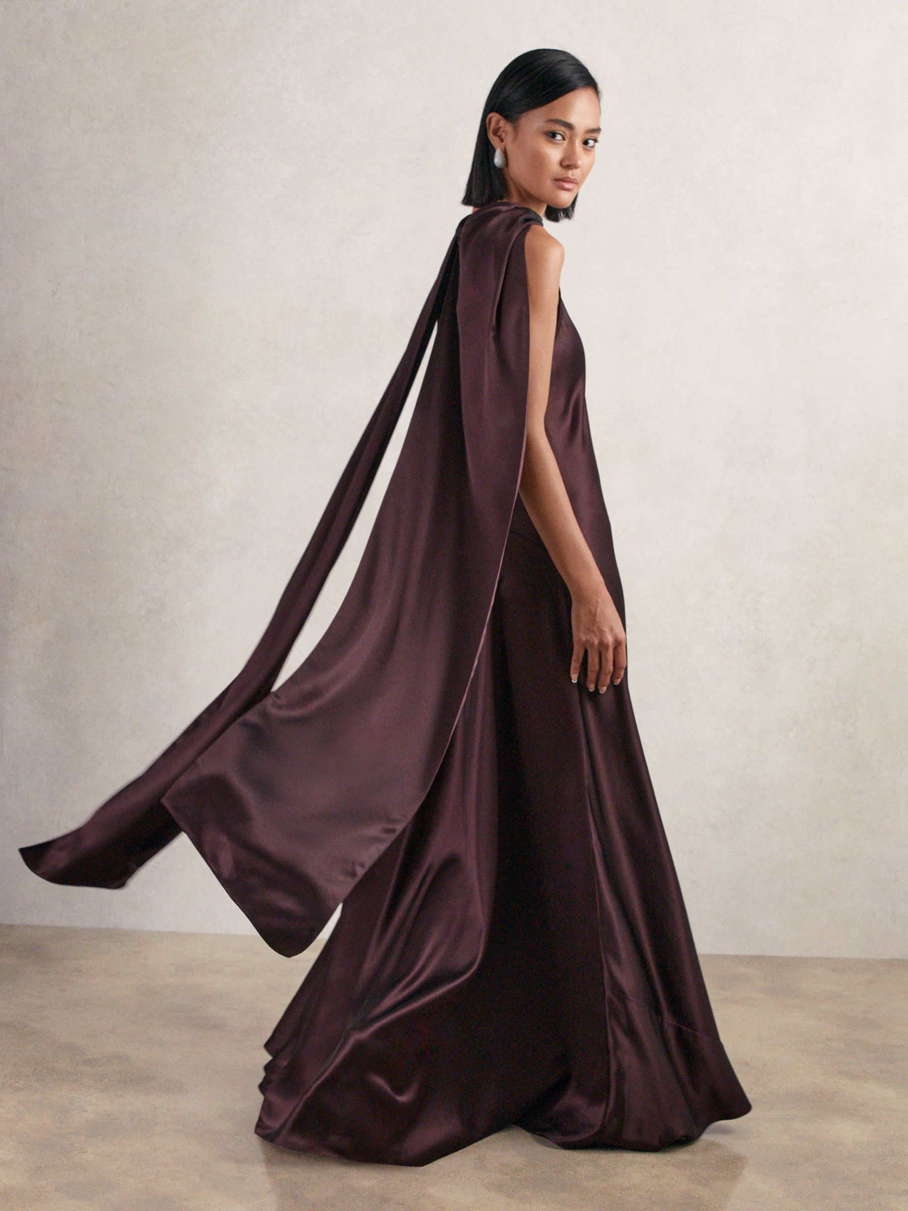 Petite Satin Cape Maxi Dress in Burgundy