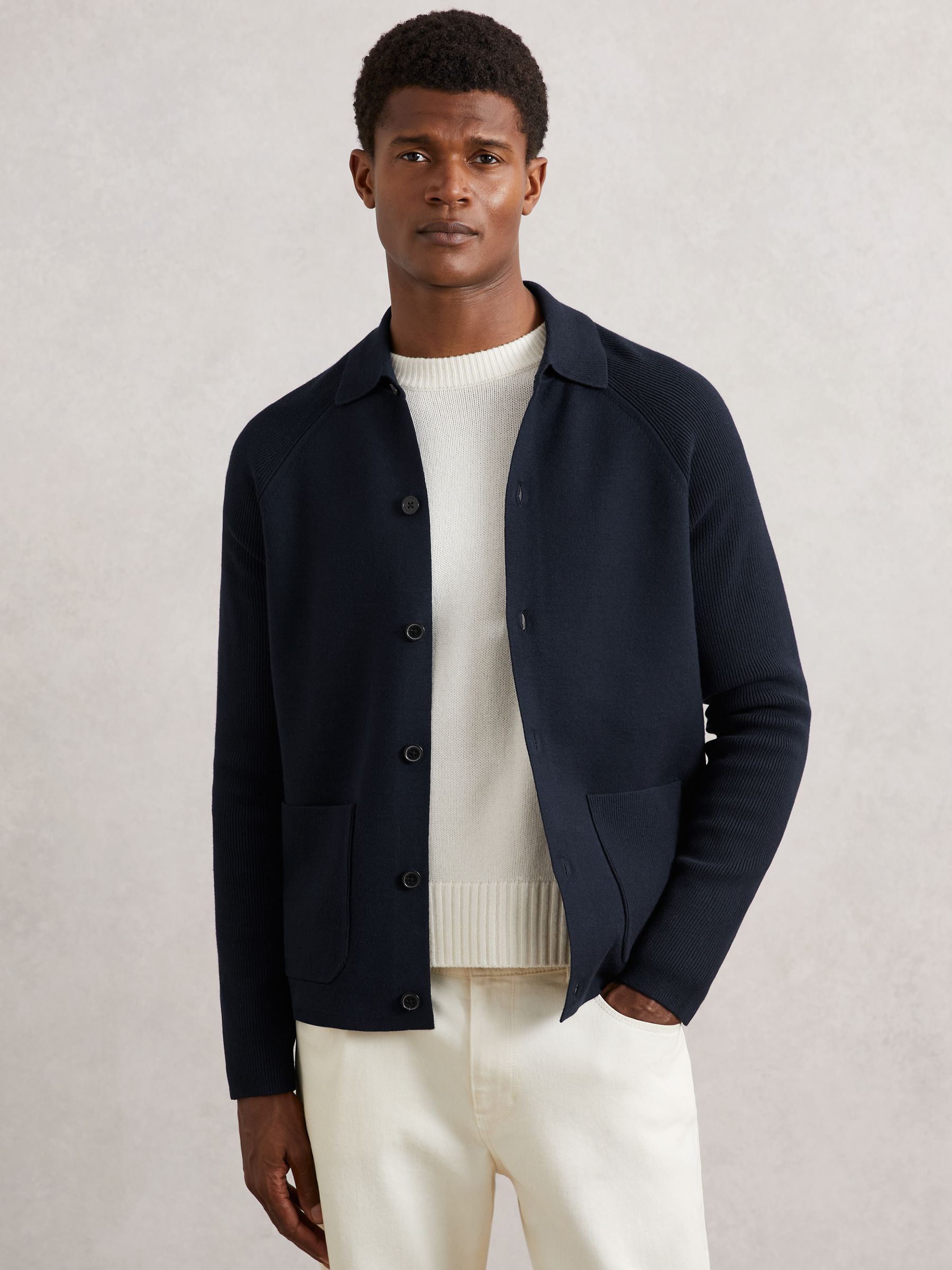 Button-Through Ribbed-Sleeve Cardigan in Navy Blue