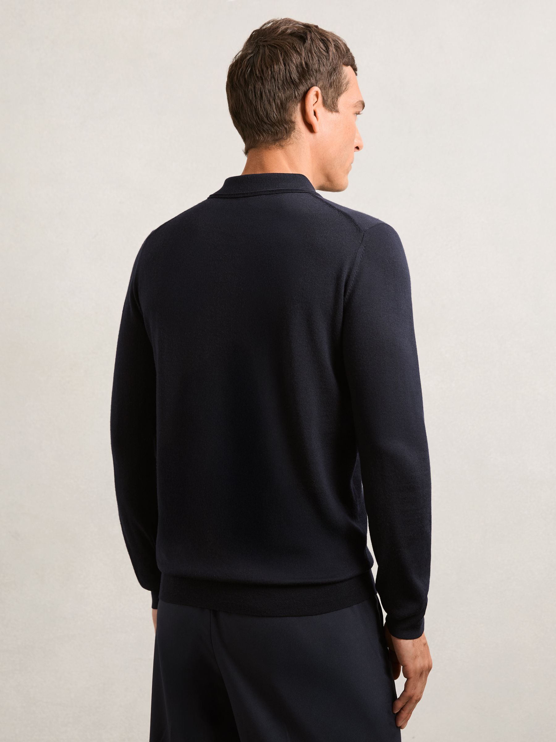 Merino Wool Long-Sleeve Polo Shirt in Navy