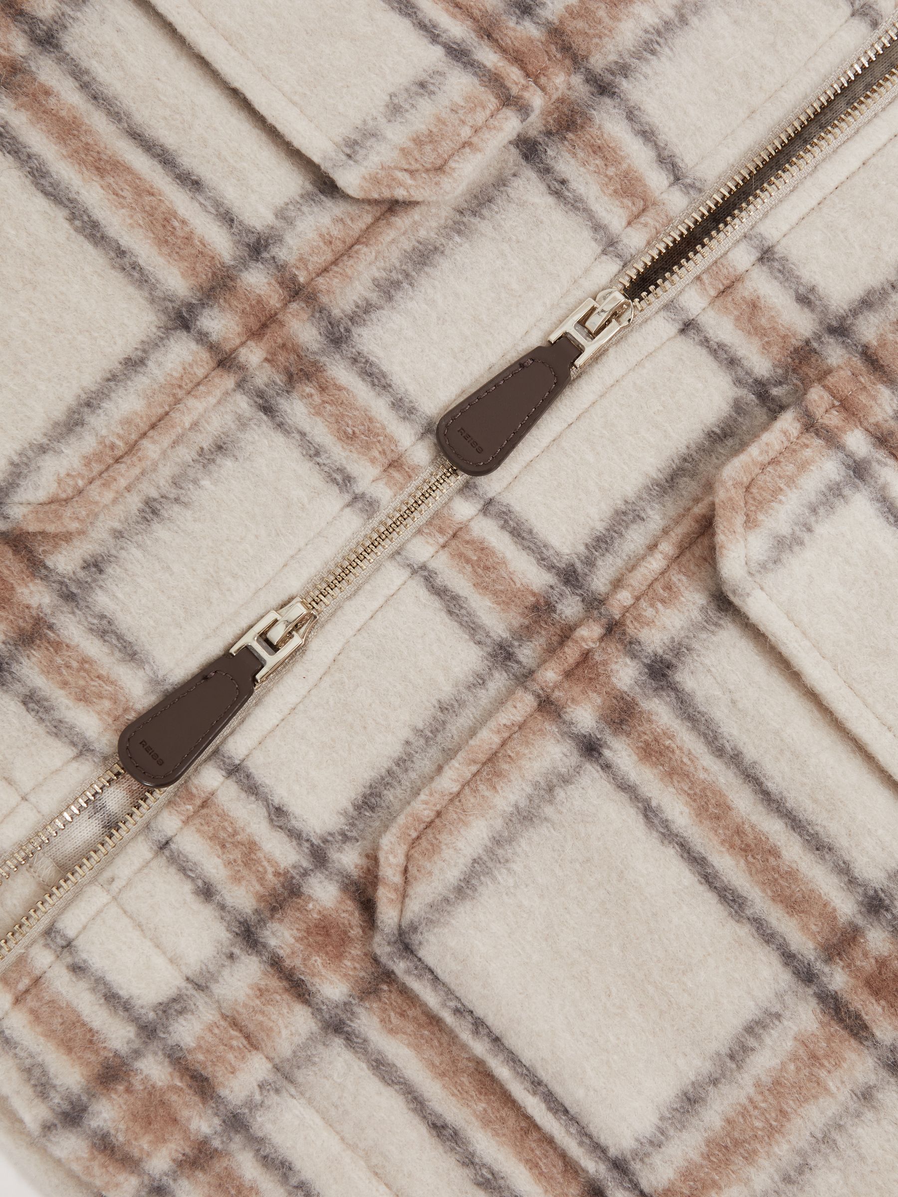 Zip-Through Check Overshirt with Wool in Stone