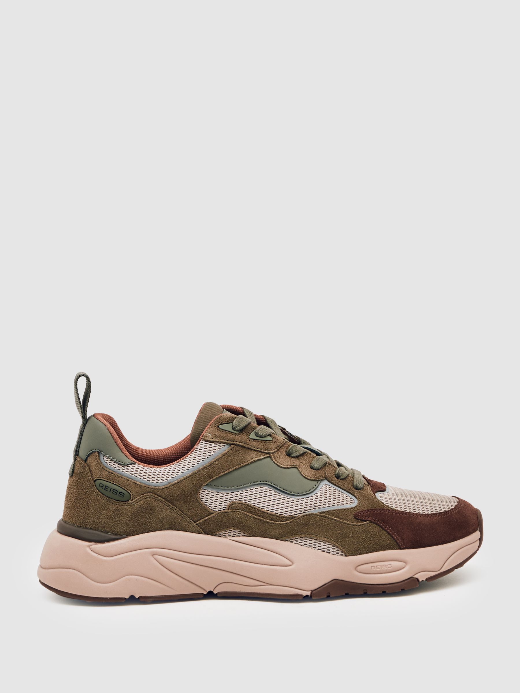 Chunky-Sole Panelled Runner Trainers in Brown/Khaki Green