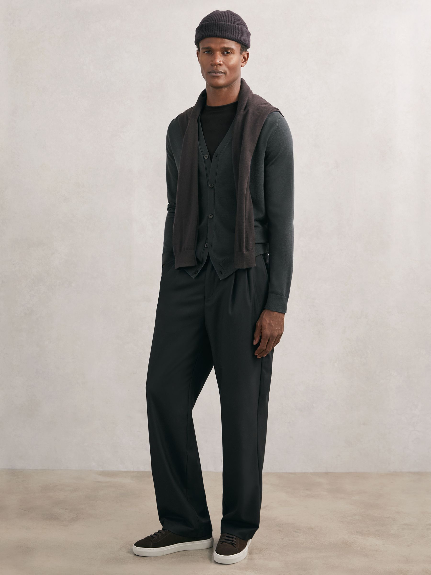 Merino Wool Button-Through Cardigan in Bottle Green