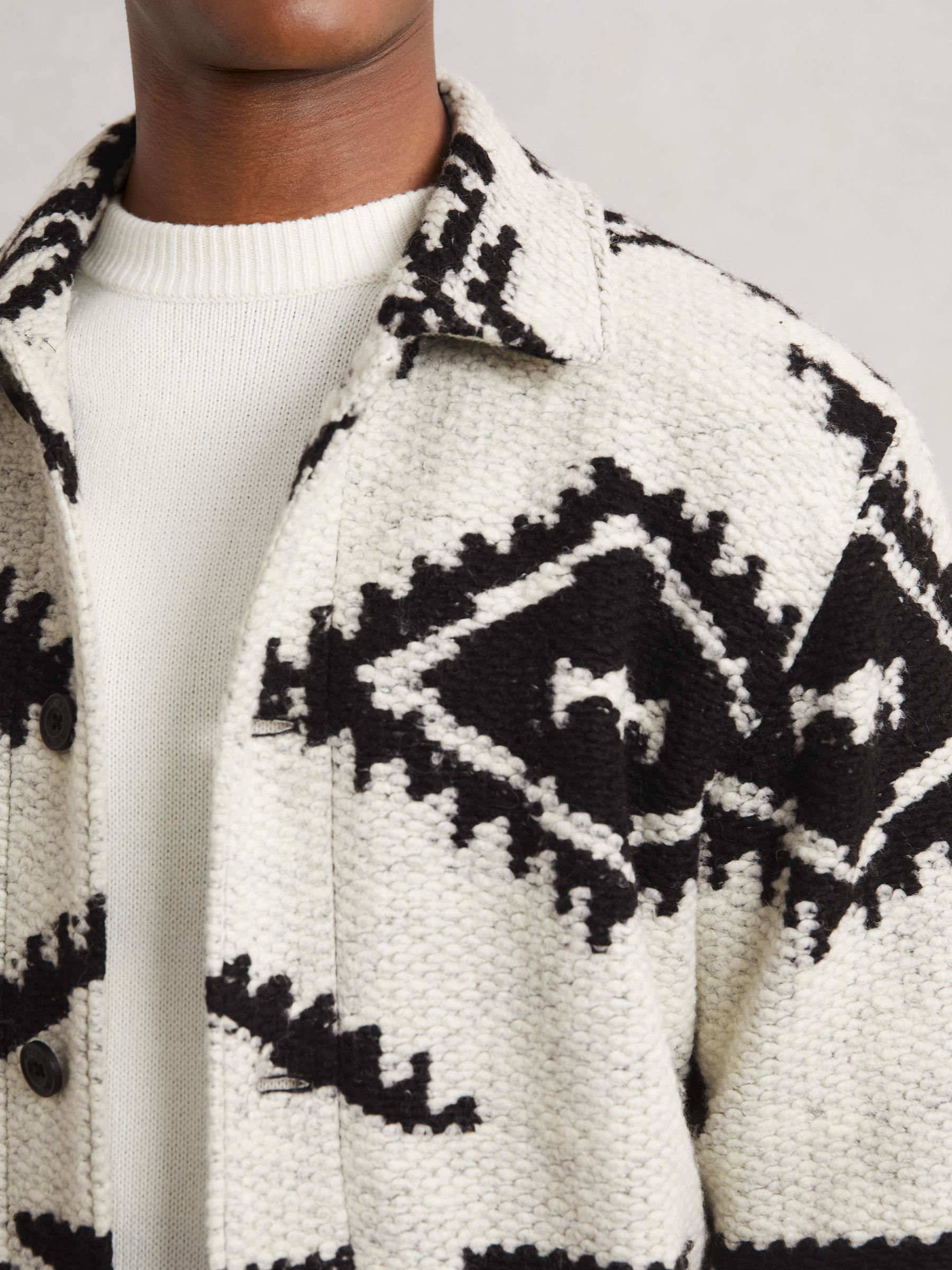 Fair Isle Jacquard Overshirt with Wool in Off White/Black