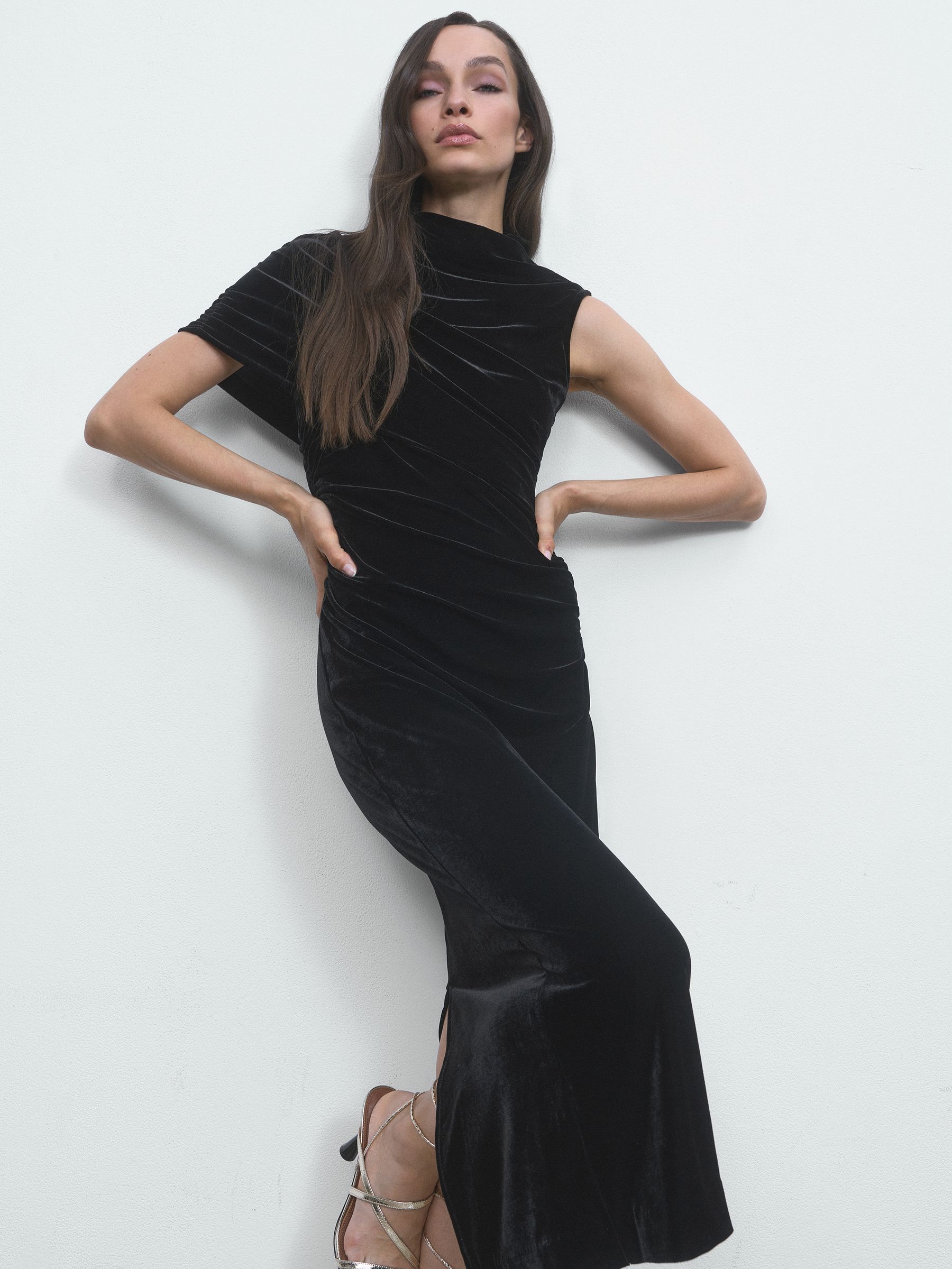 Velvet Draped-Neck Ruched Midi Dress in Black
