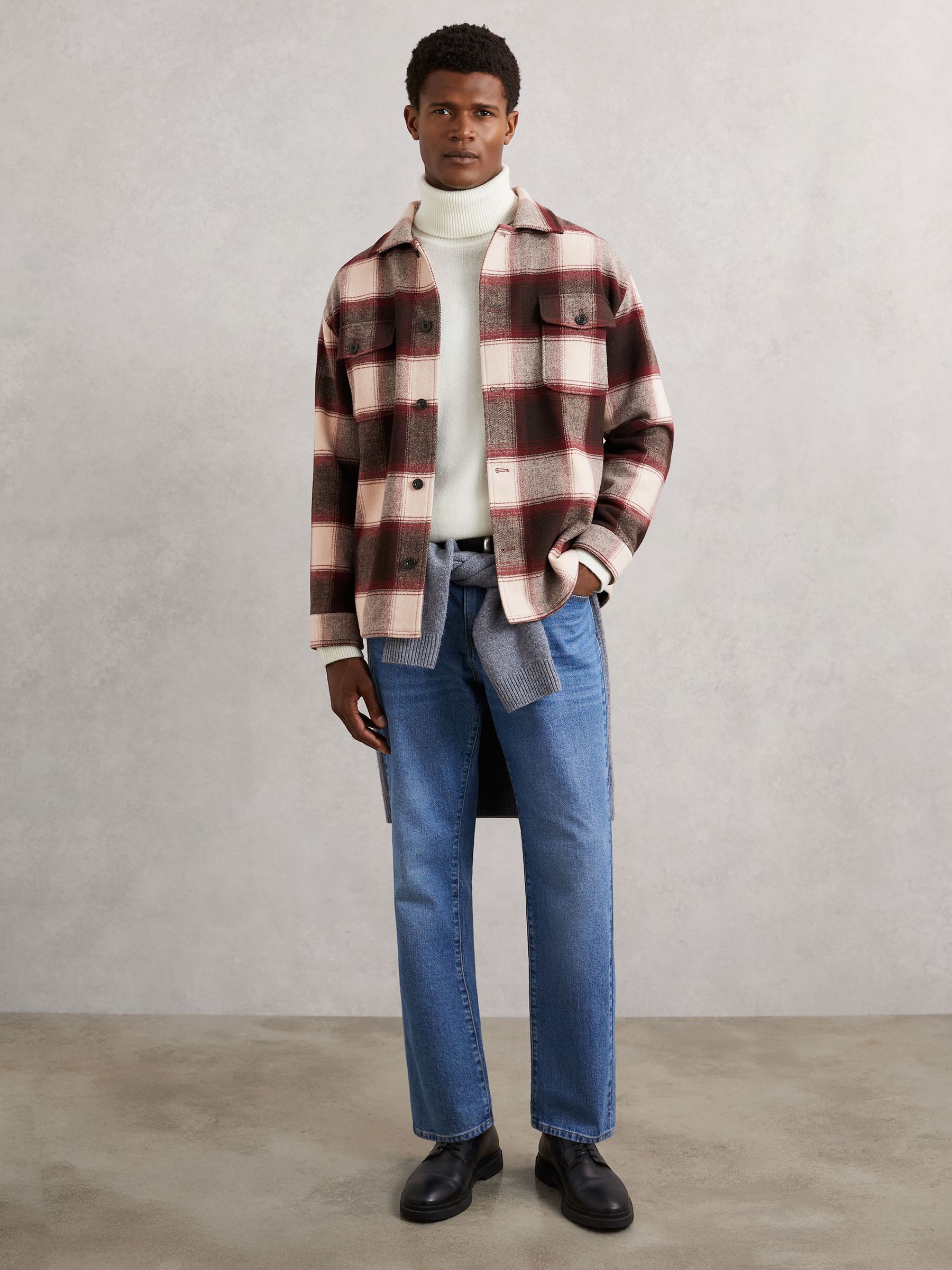 Wool-Blend Check Overshirt in Bordeaux