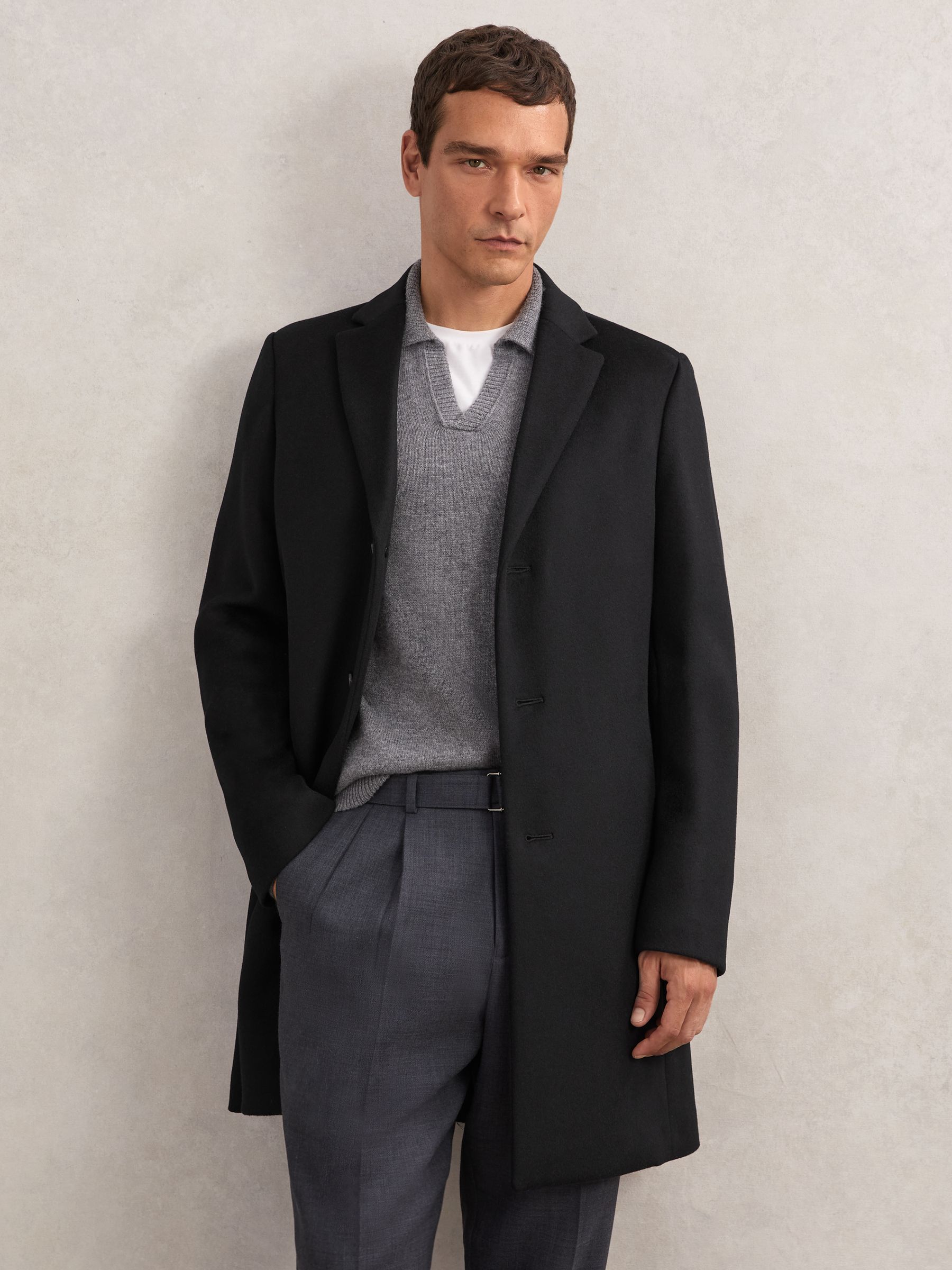 Wool-Blend Single-Breasted Overcoat in Black