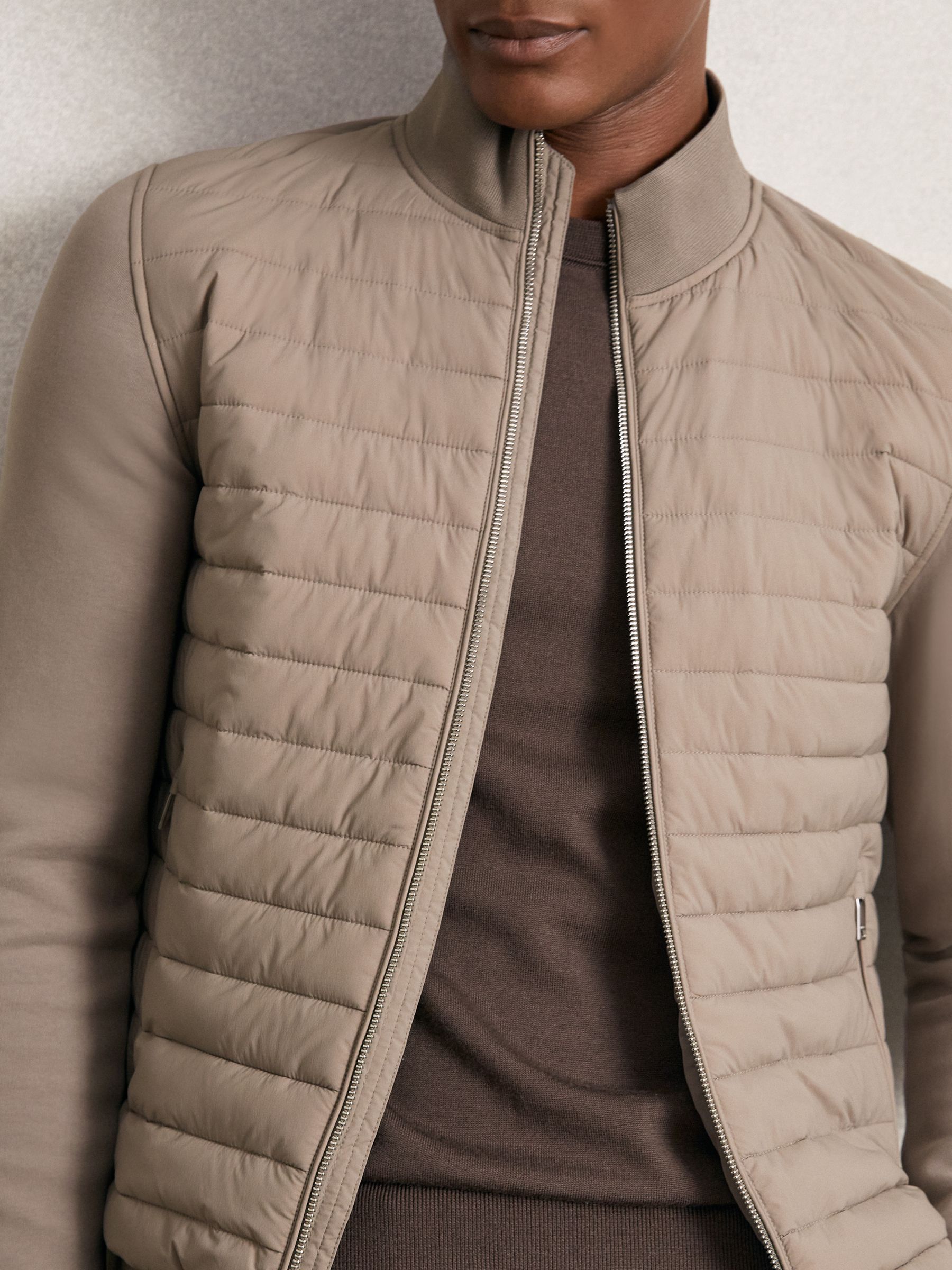 Hybrid Quilt and Knit Zip-Through Jacket in Taupe Brown
