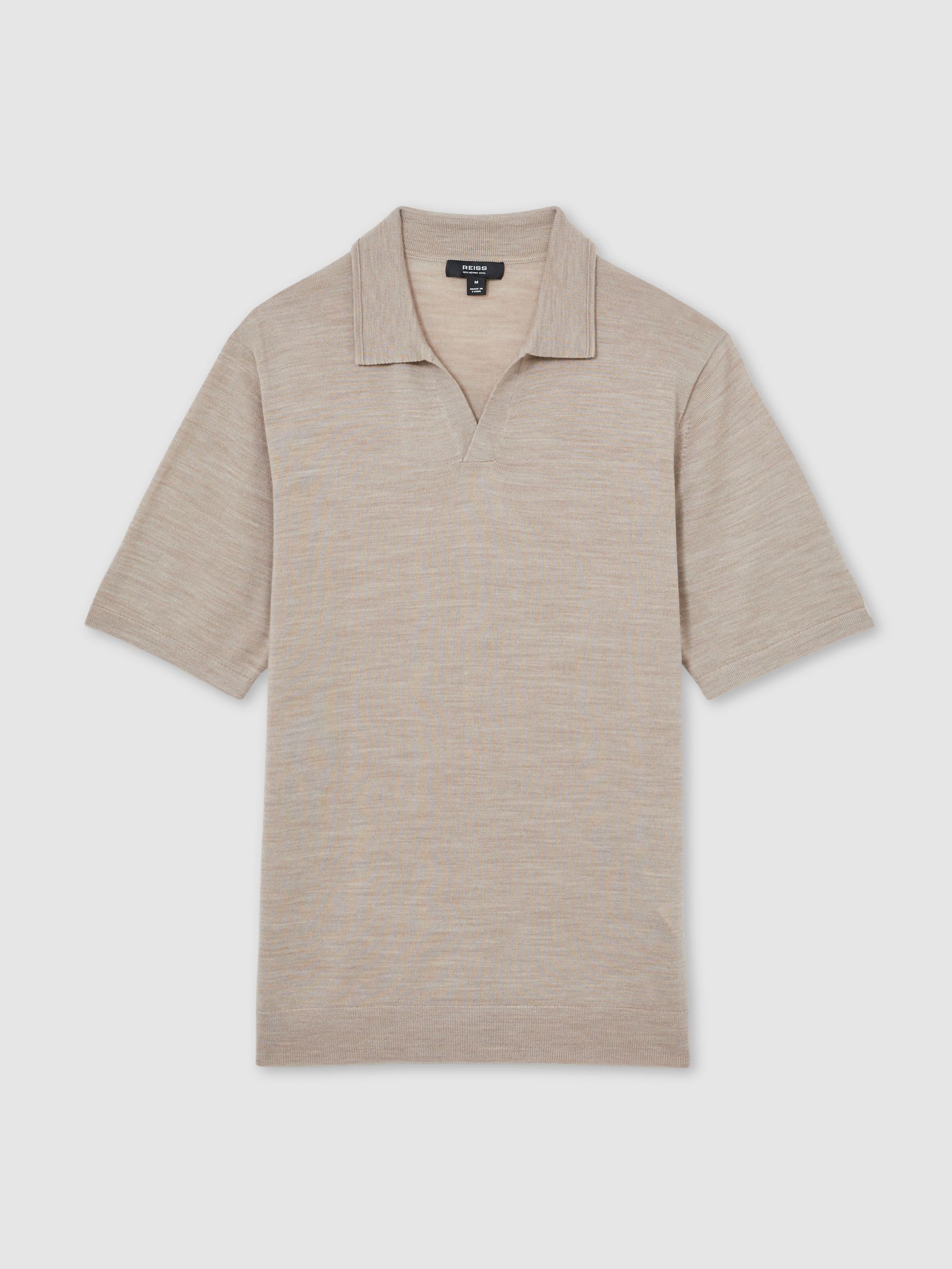 Merino Wool Open-Collar Polo Shirt in Wheat Melange