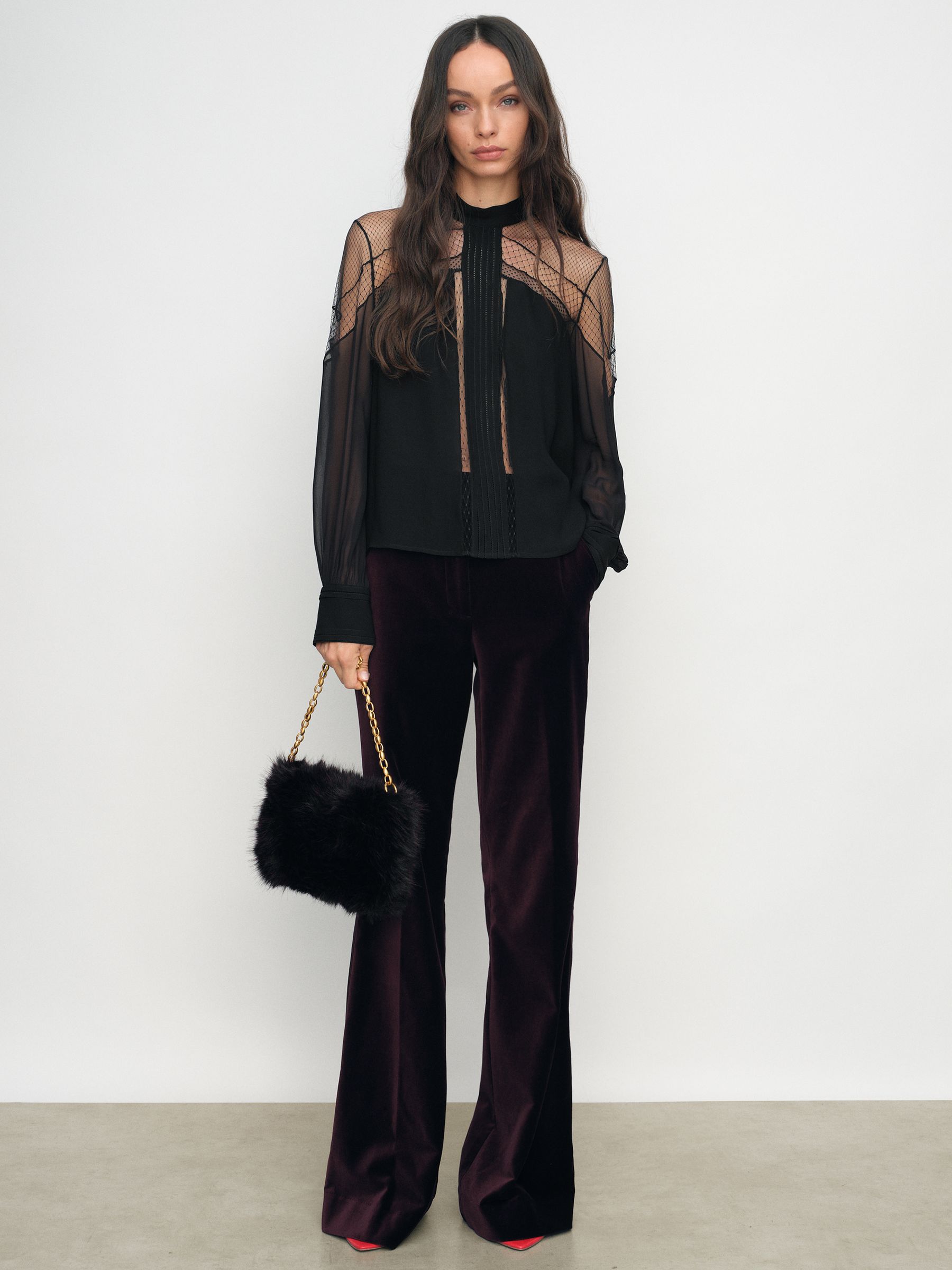 Lace-Insert Tie-Back Blouse in Black