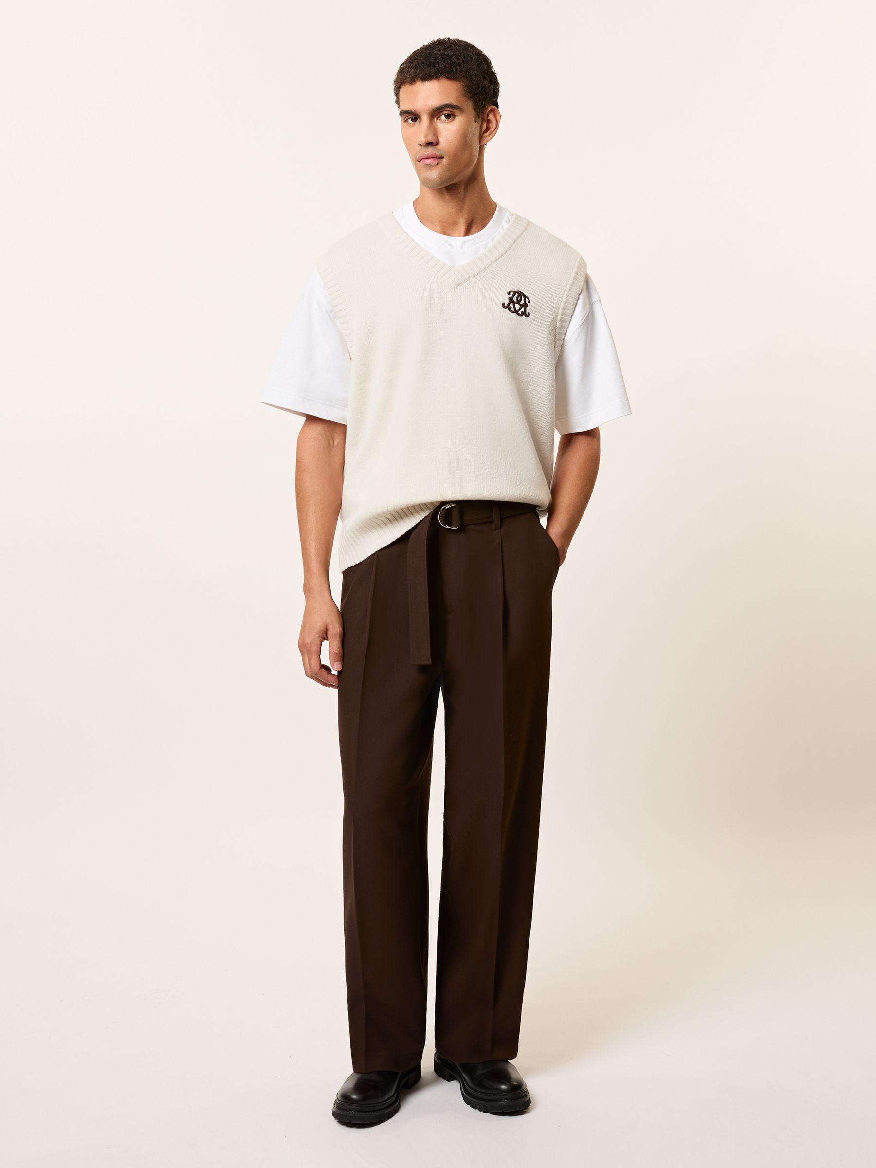 Monogram Embroidered Relaxed Wool Vest in Off White