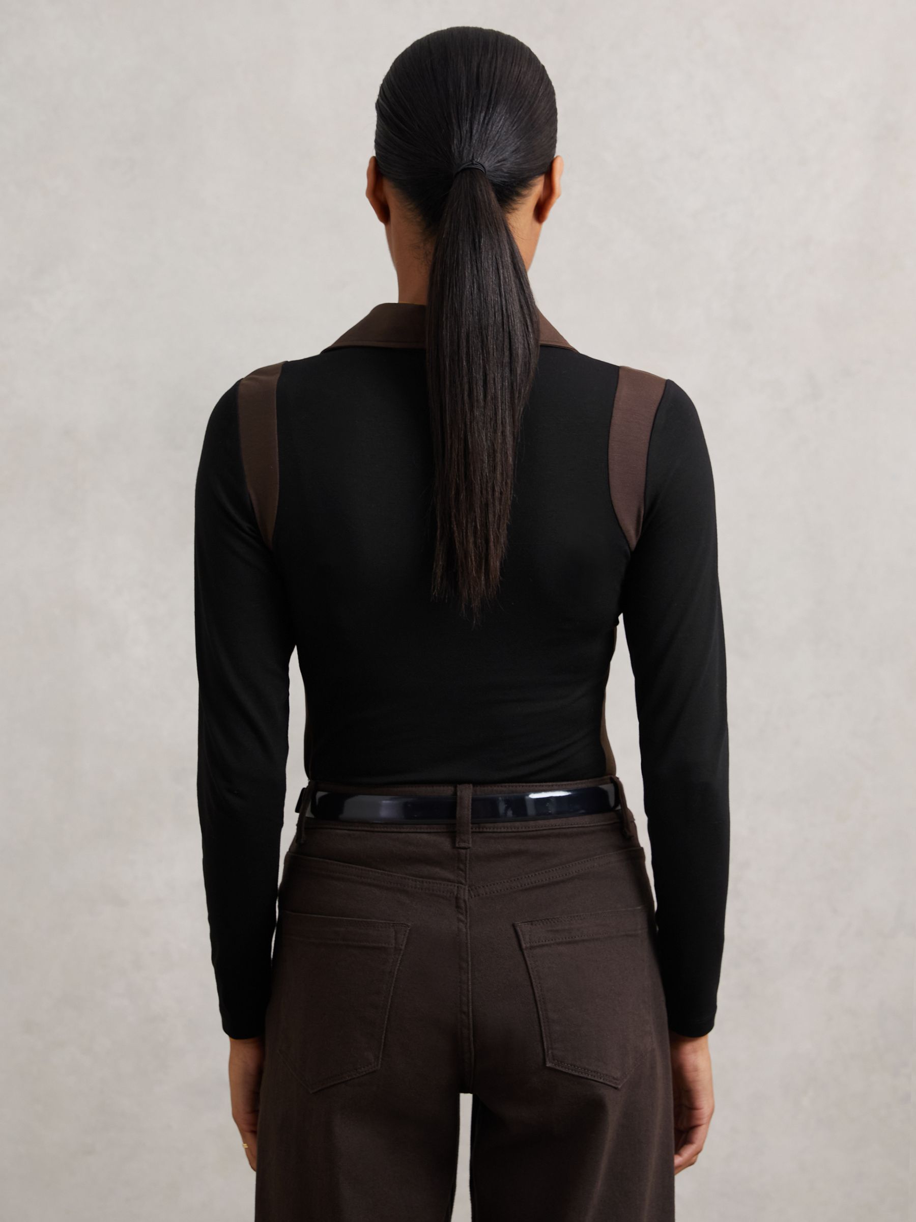 Jersey Colour-Block Collared Shirt in Black/Chocolate Brown