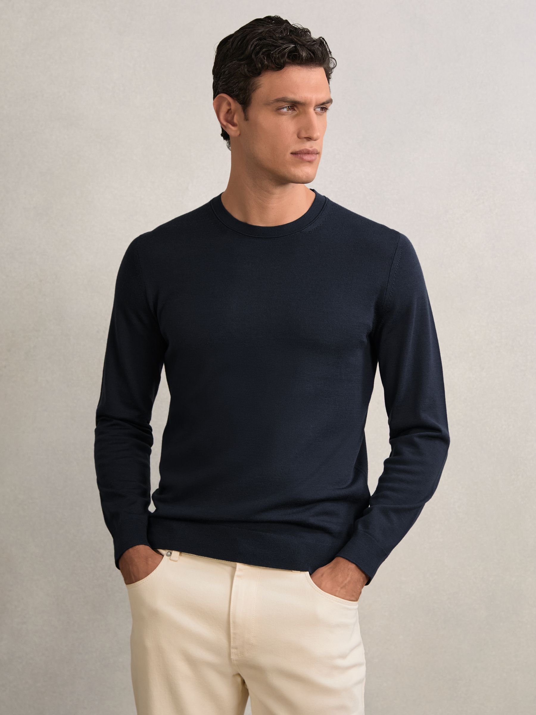 Merino Wool Crew Neck Jumper in Midnight Navy