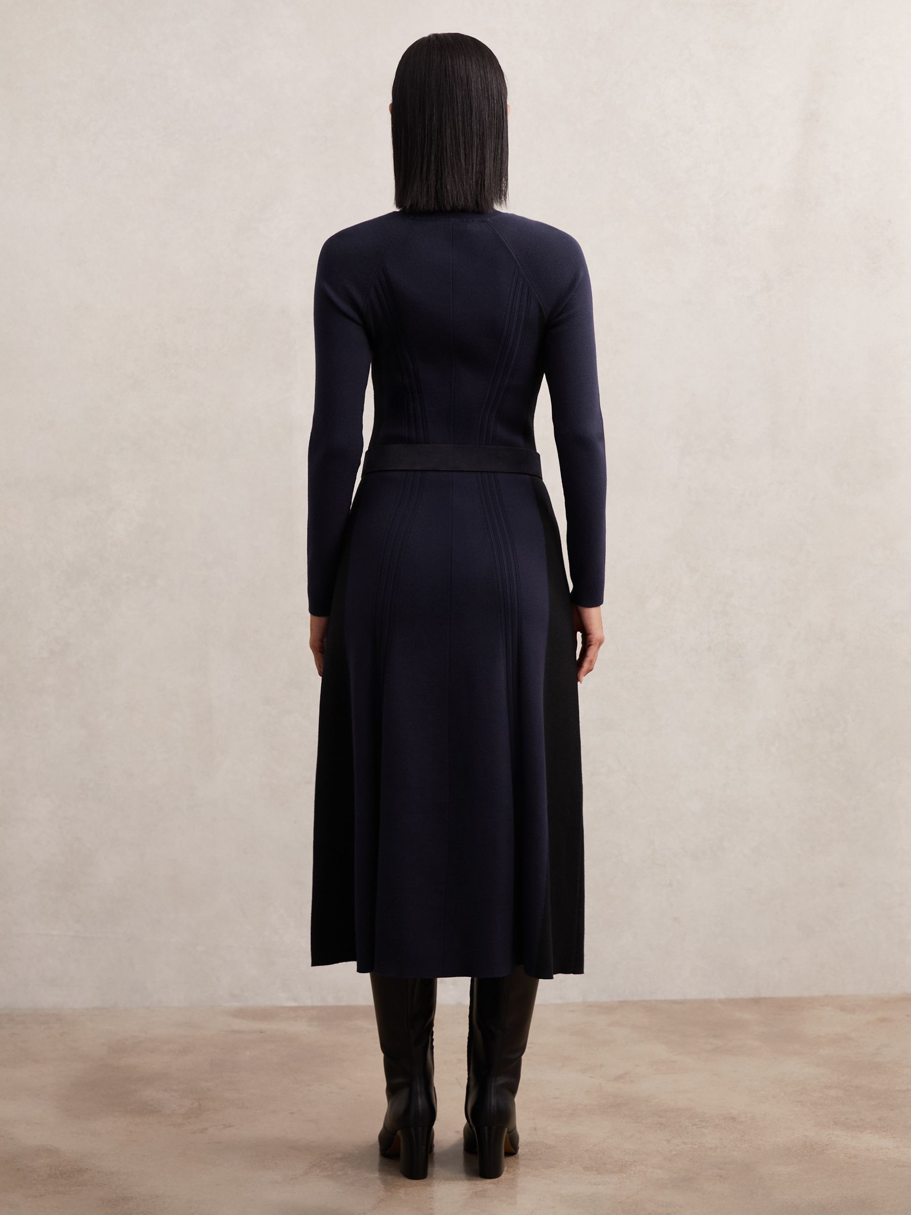 Knitted Contrast-Panel Midi Dress in Navy/Black