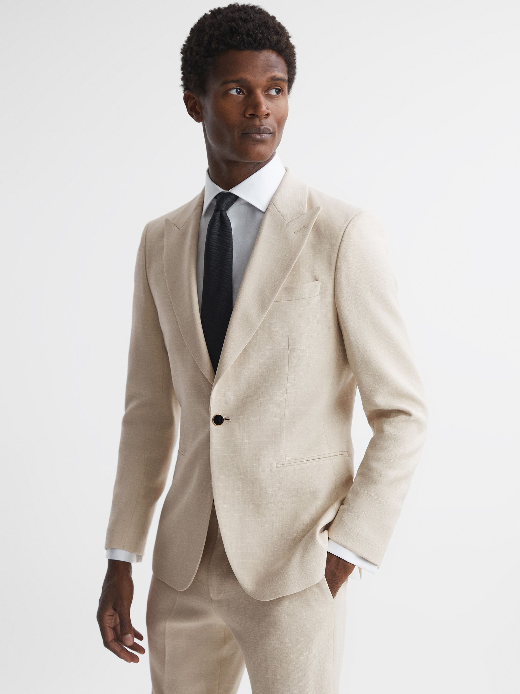 Slim Fit Textured Single Breasted Blazer in Ivory