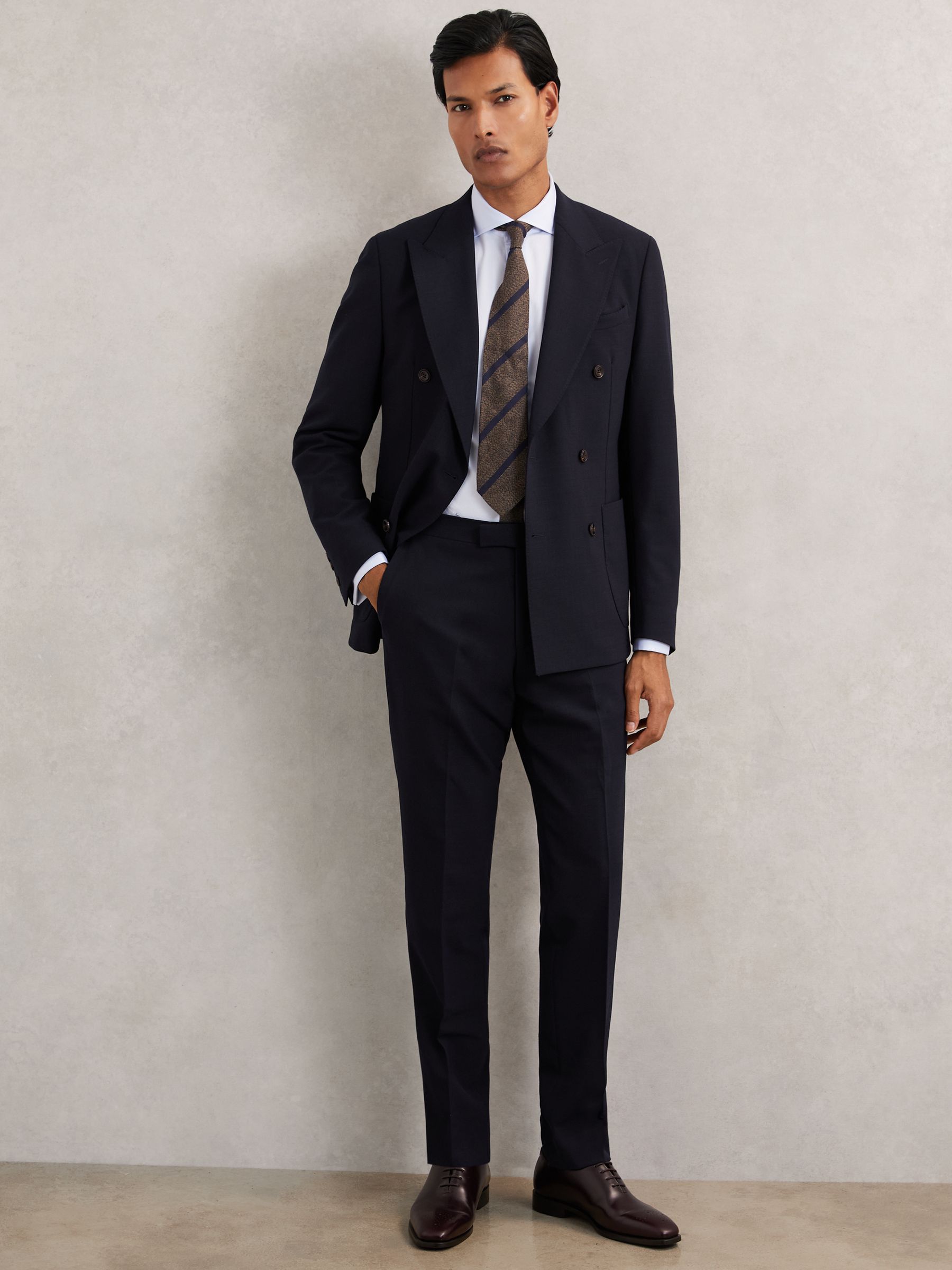 Double-Breasted Textured Suit Blazer Slim-Fit With Wool in Navy