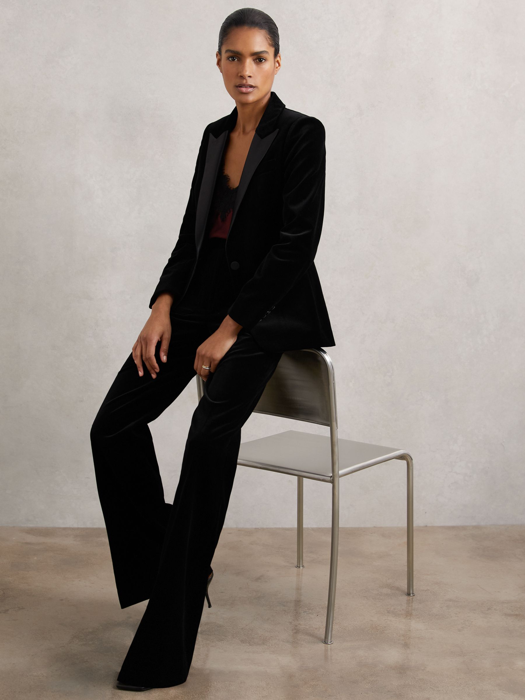 Petite Velvet Flared Trousers in Black