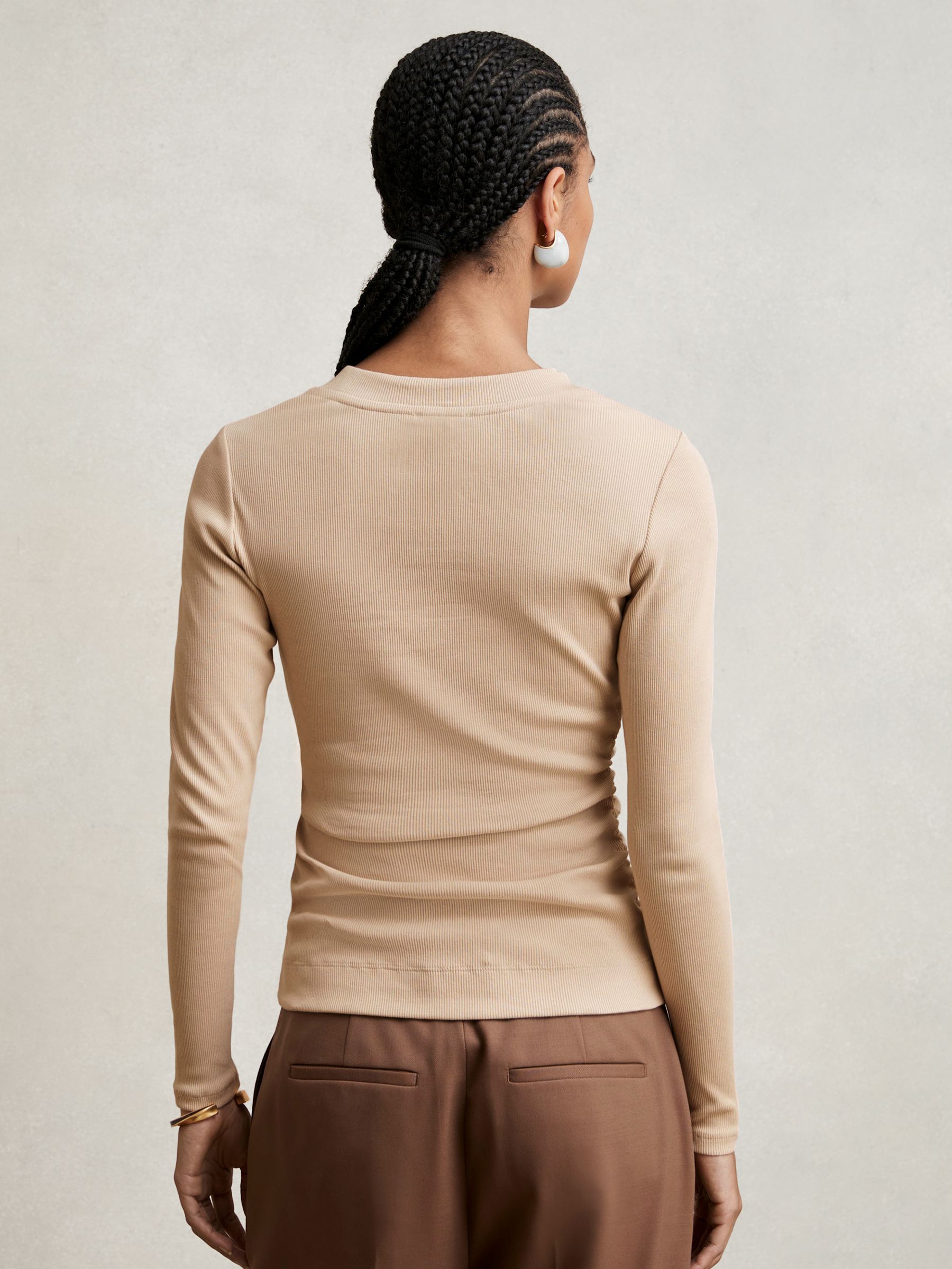 Cotton Long-Sleeve Ruched T-Shirt with Stretch in Camel