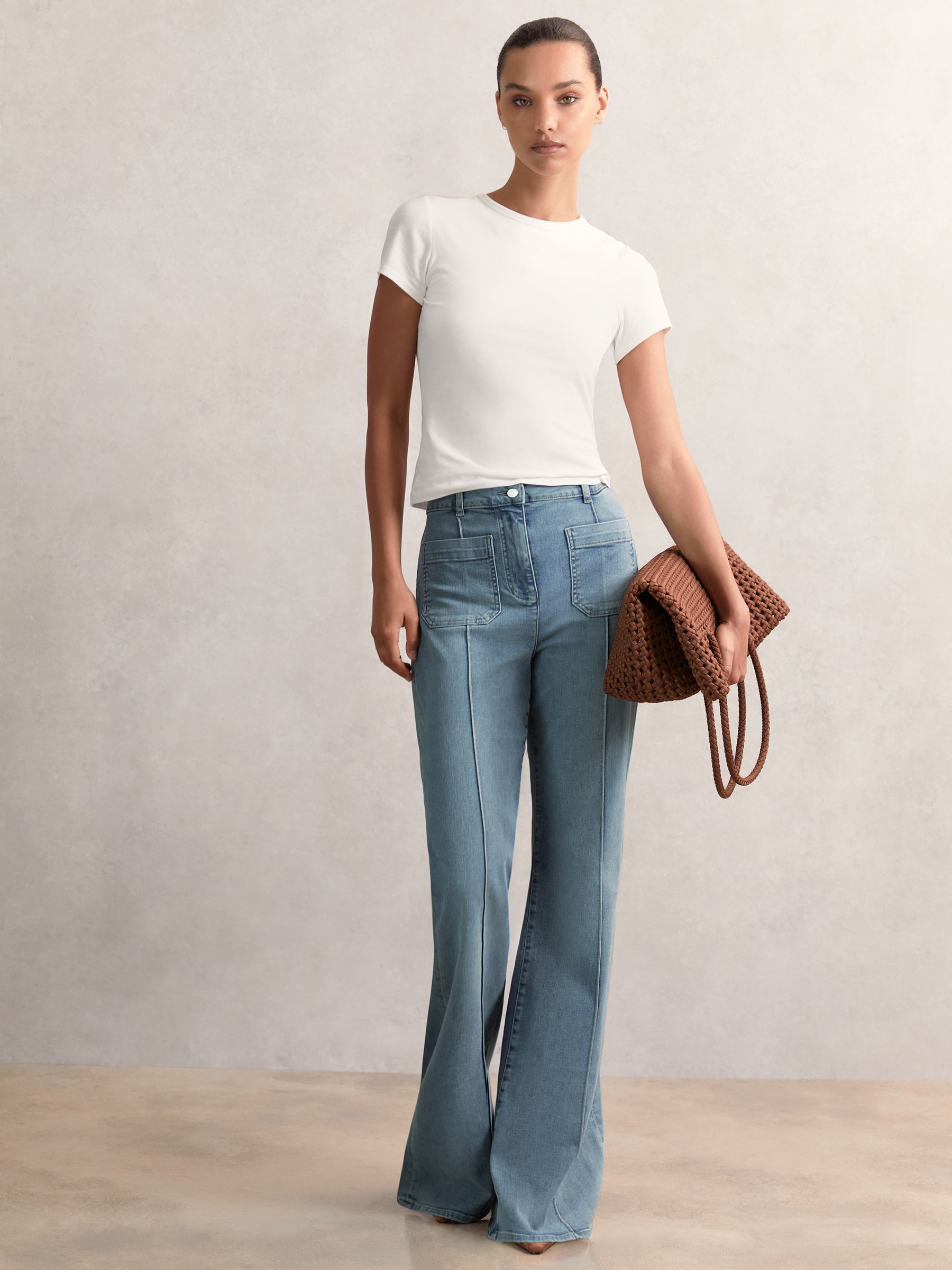 Petite Patch-Pocket Flared Jeans in Light Blue