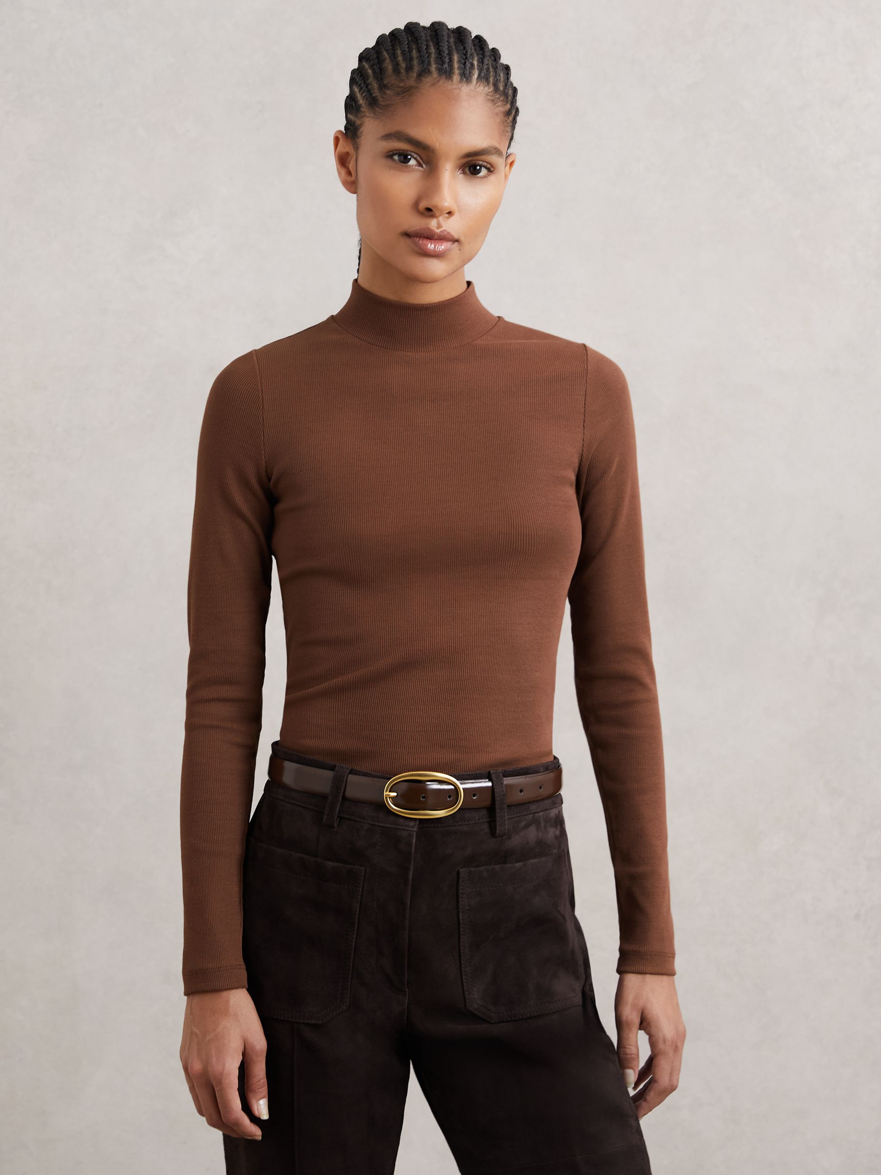 Stretch-Cotton Funnel-Neck Top in Black