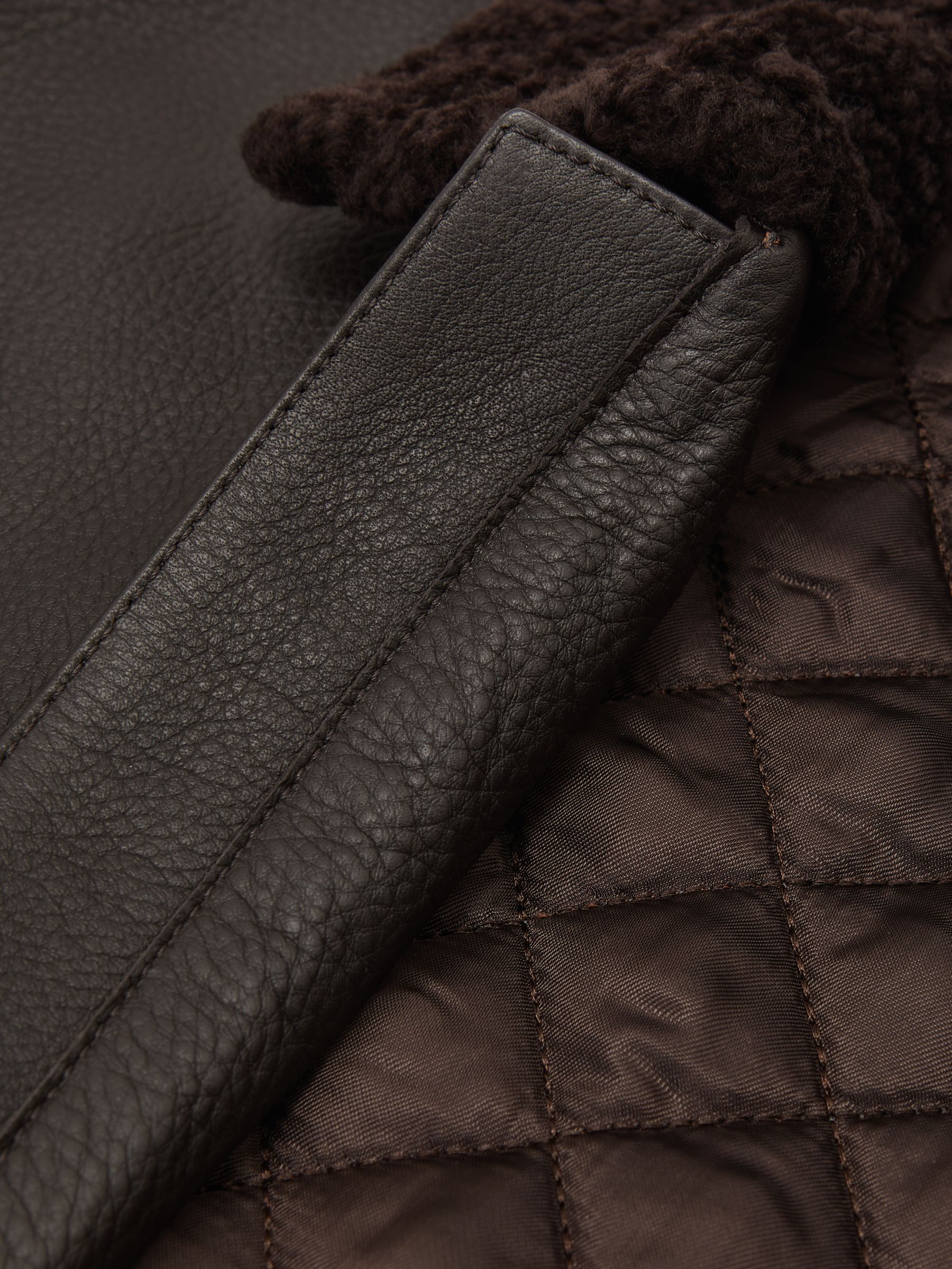 Leather Shearling-Collar Bomber Jacket in Brown