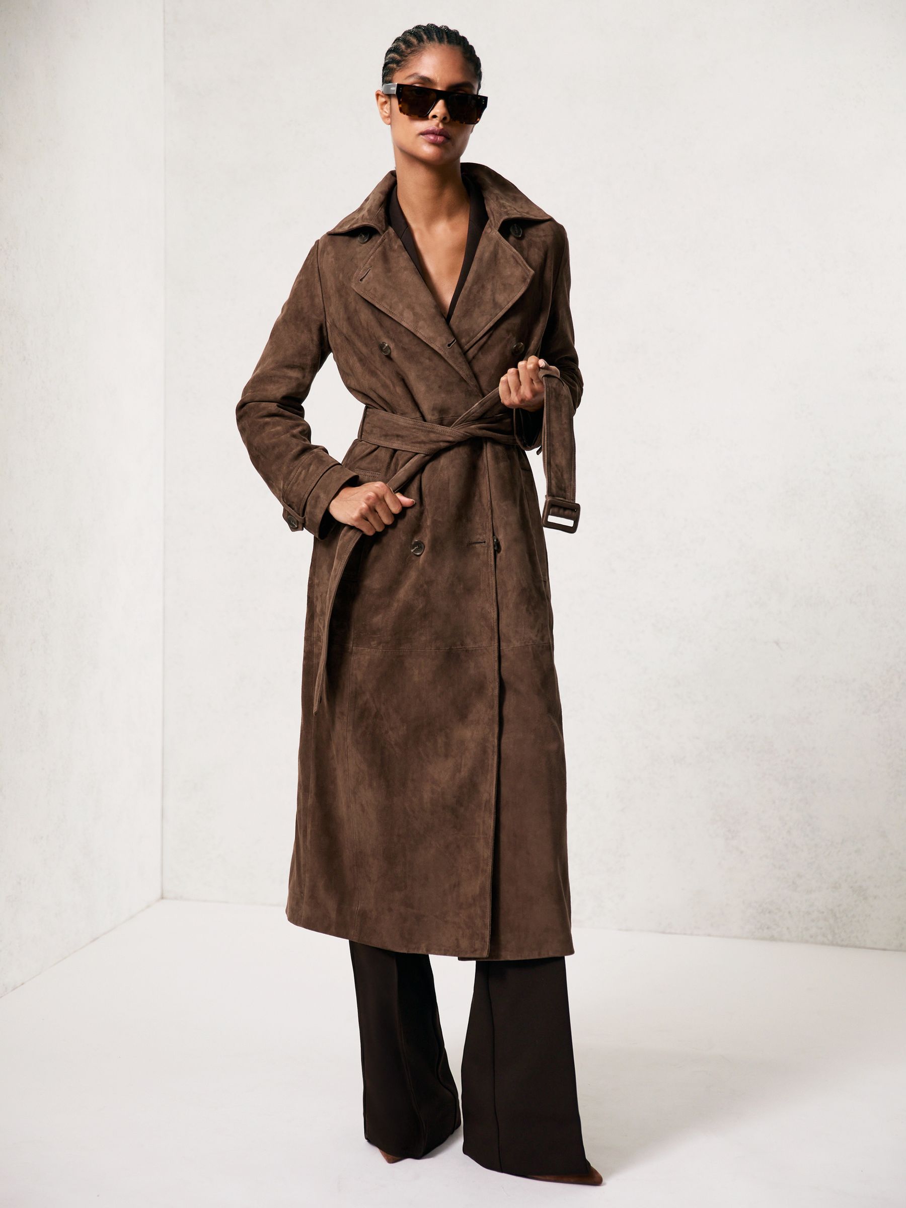 Suede Belted Trench Coat in Taupe Neutral
