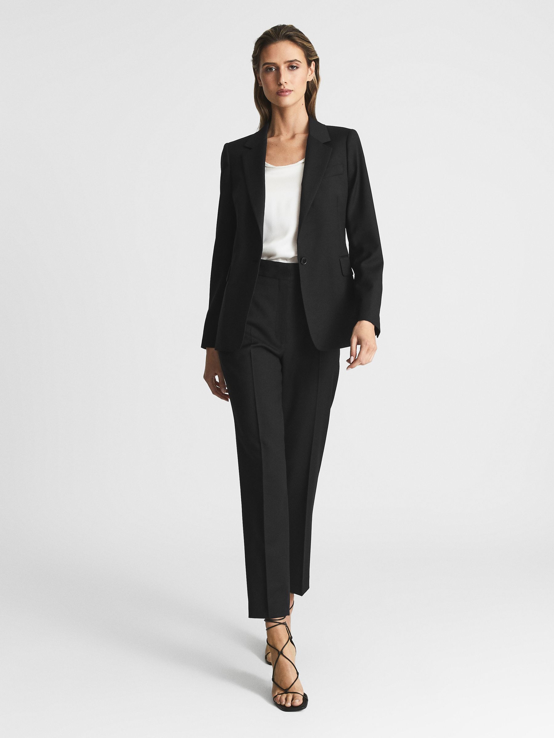 Wool Blend Tapered Suit Trousers in Black