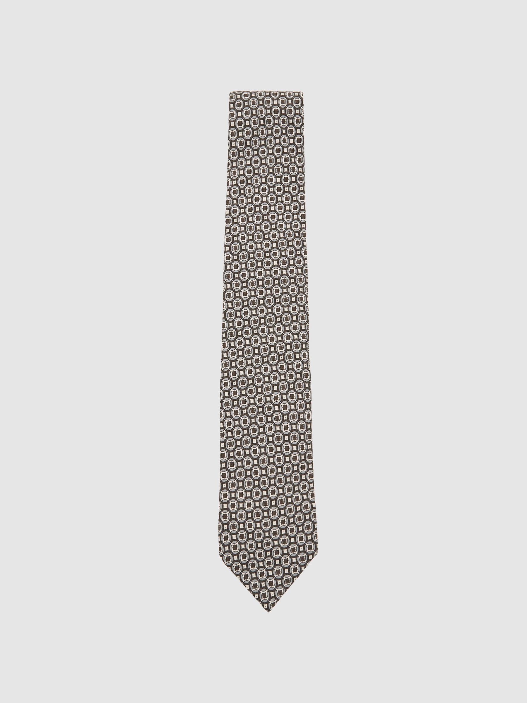 Silk Geometric-Print Tie in Chocolate Brown Multi
