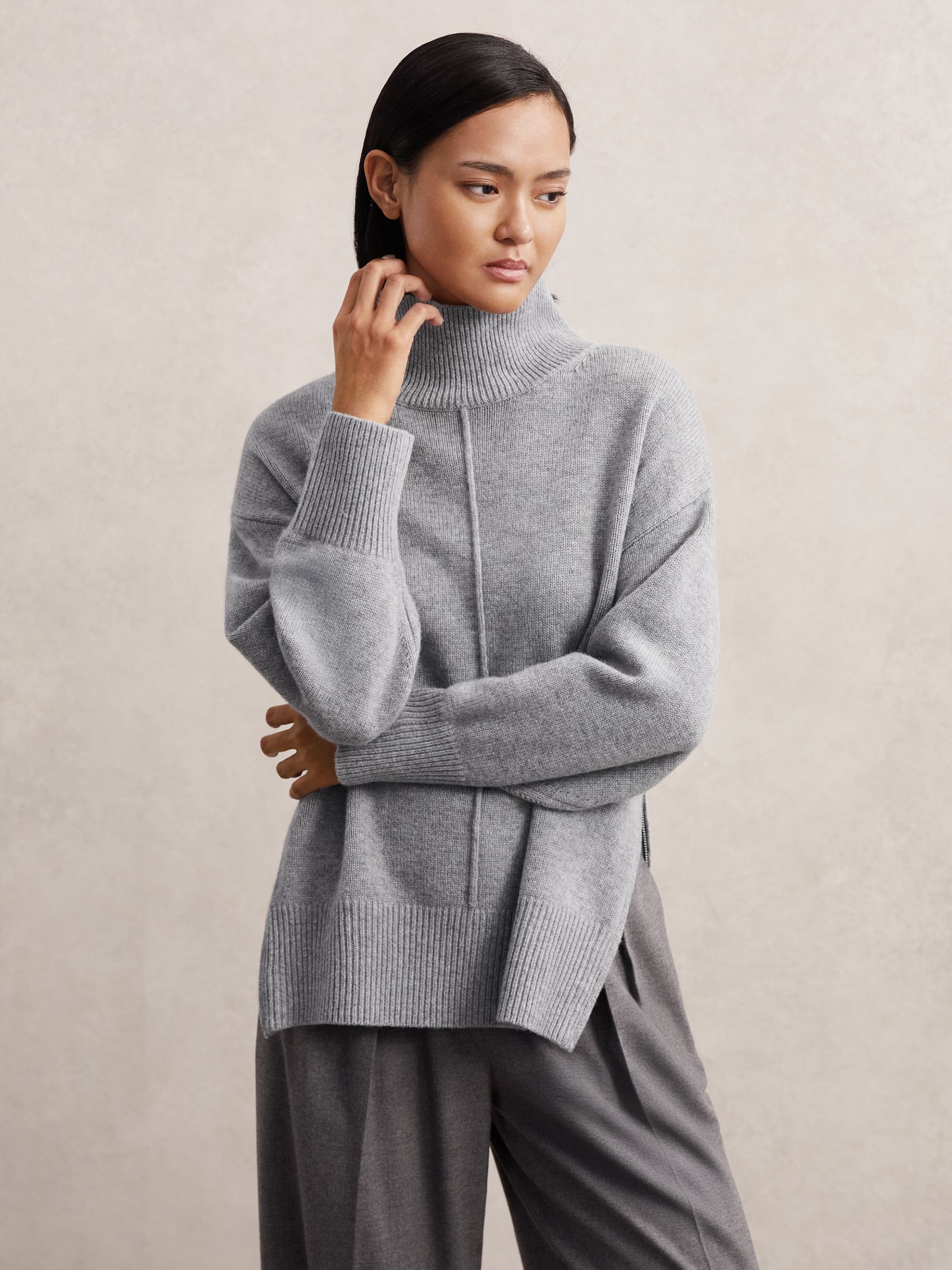 Wool Zip-Detail Funnel-Neck Jumper in Grey