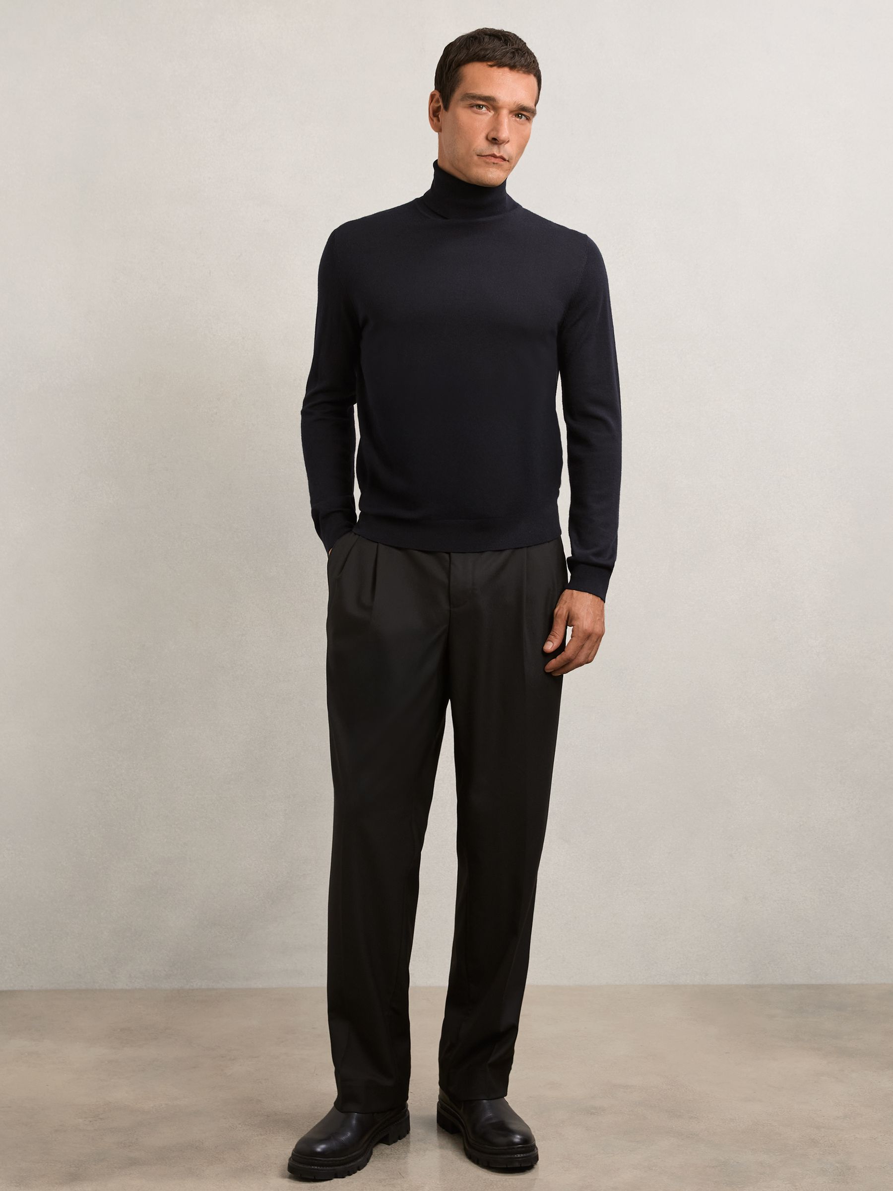 Merino Wool Roll-Neck Jumper in Navy