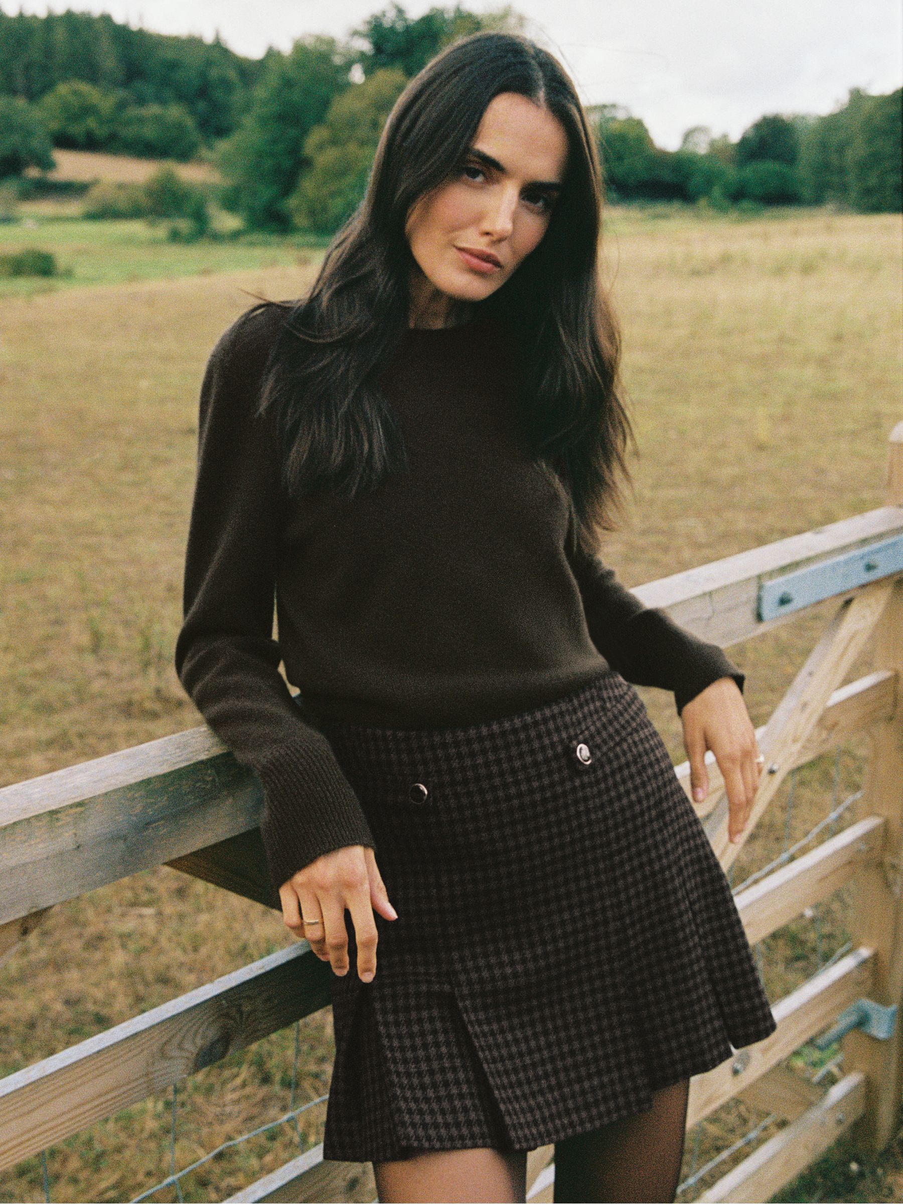 Wool-Blend Check Mini Skirt in Black/Brown