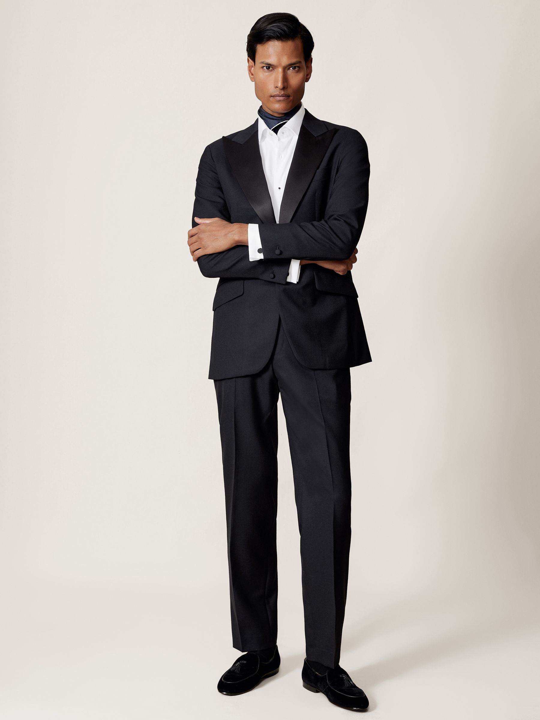 Single-Breasted Jacquard Tuxedo Jacket Wool-Blend Tailored-Fit in Navy