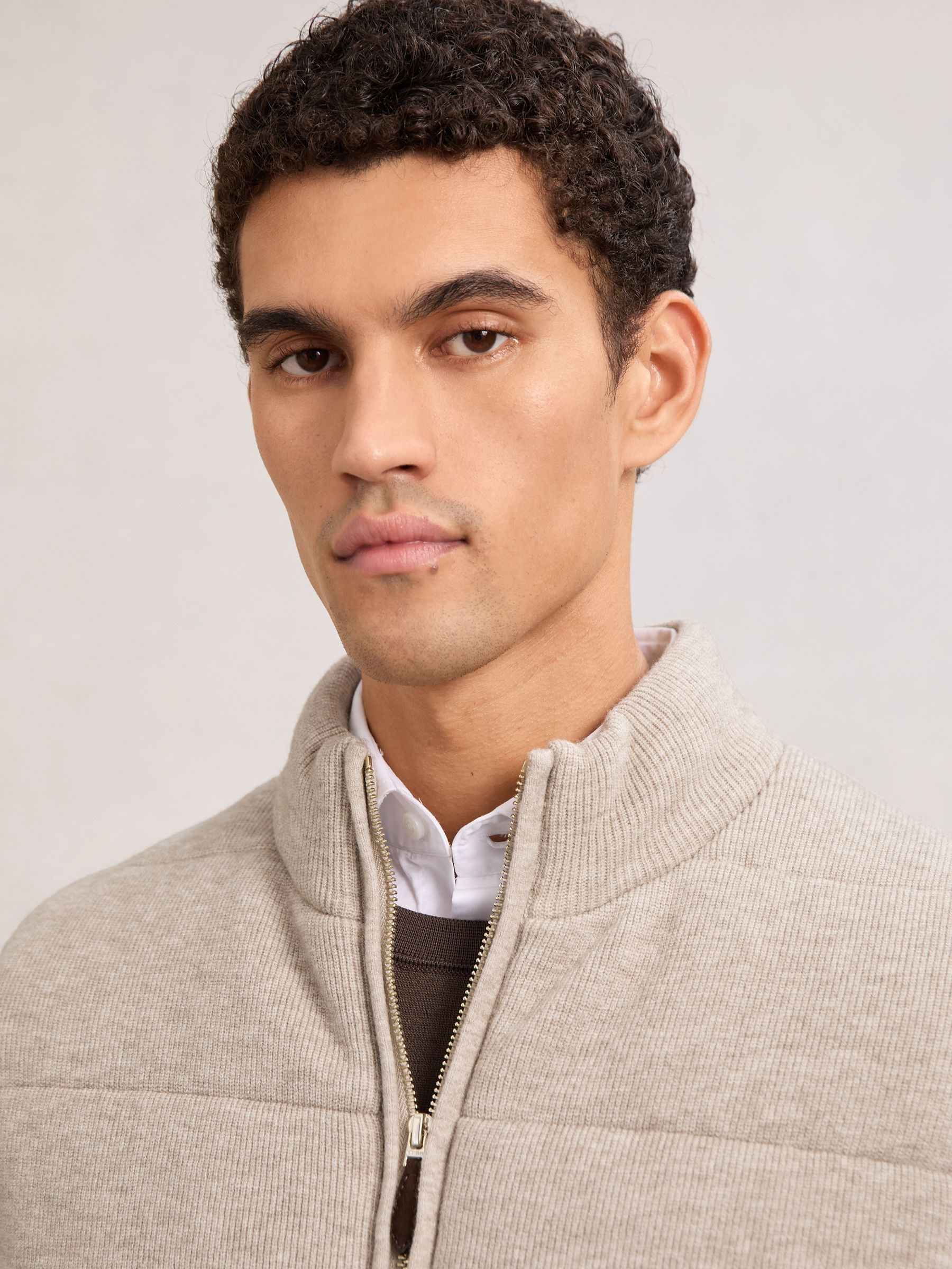 Rib-Knit Zip-Through Gilet in Oatmeal