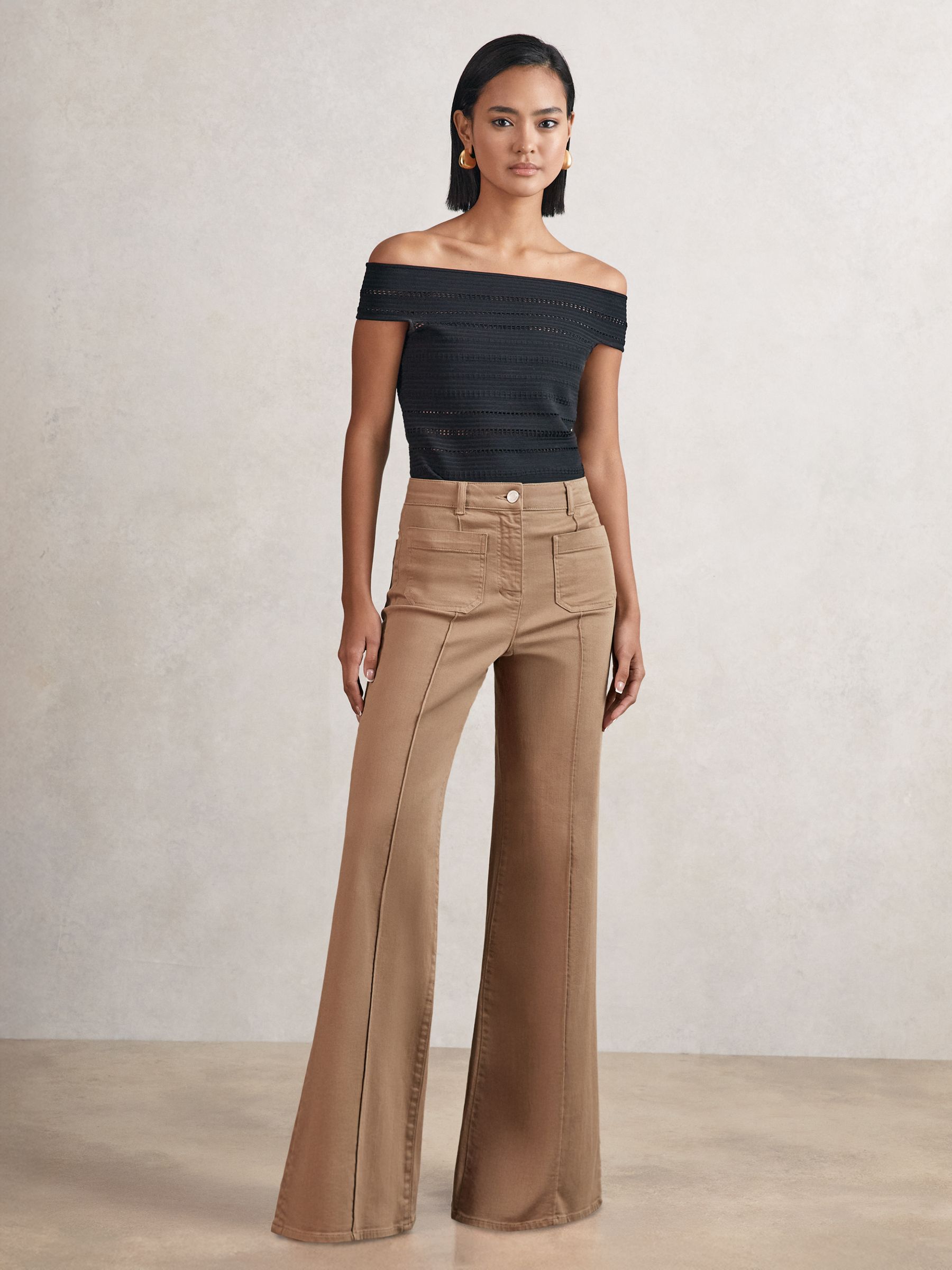 Petite Patch-Pocket Flared Jeans in Taupe Neutral