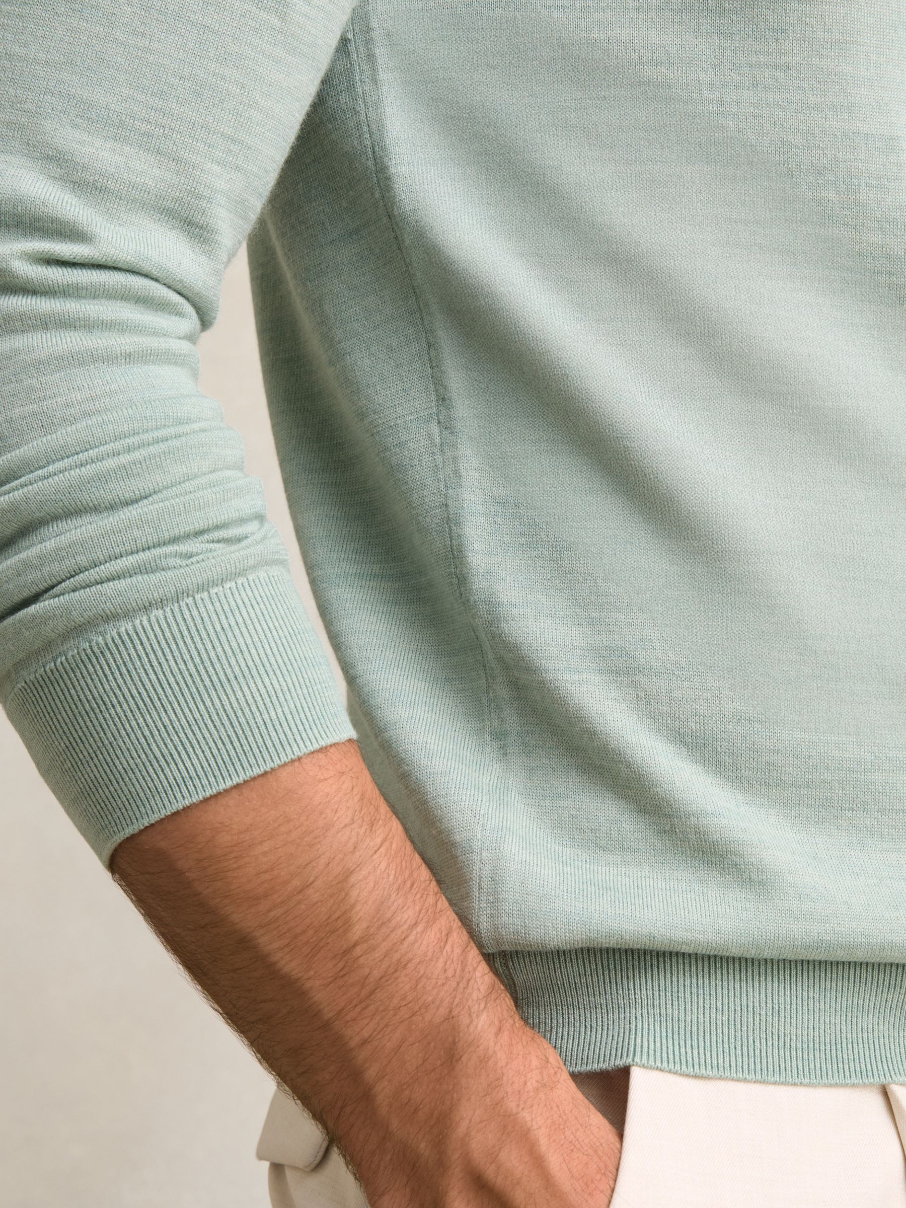 Merino Wool Half-Zip Funnel Neck Jumper in Sage Green Melange