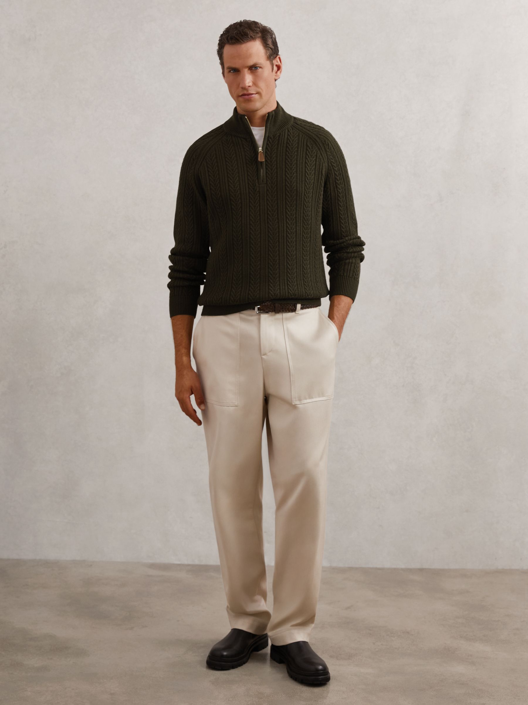 Cable-Knit Half-Zip Jumper with Wool in Dark Olive Green