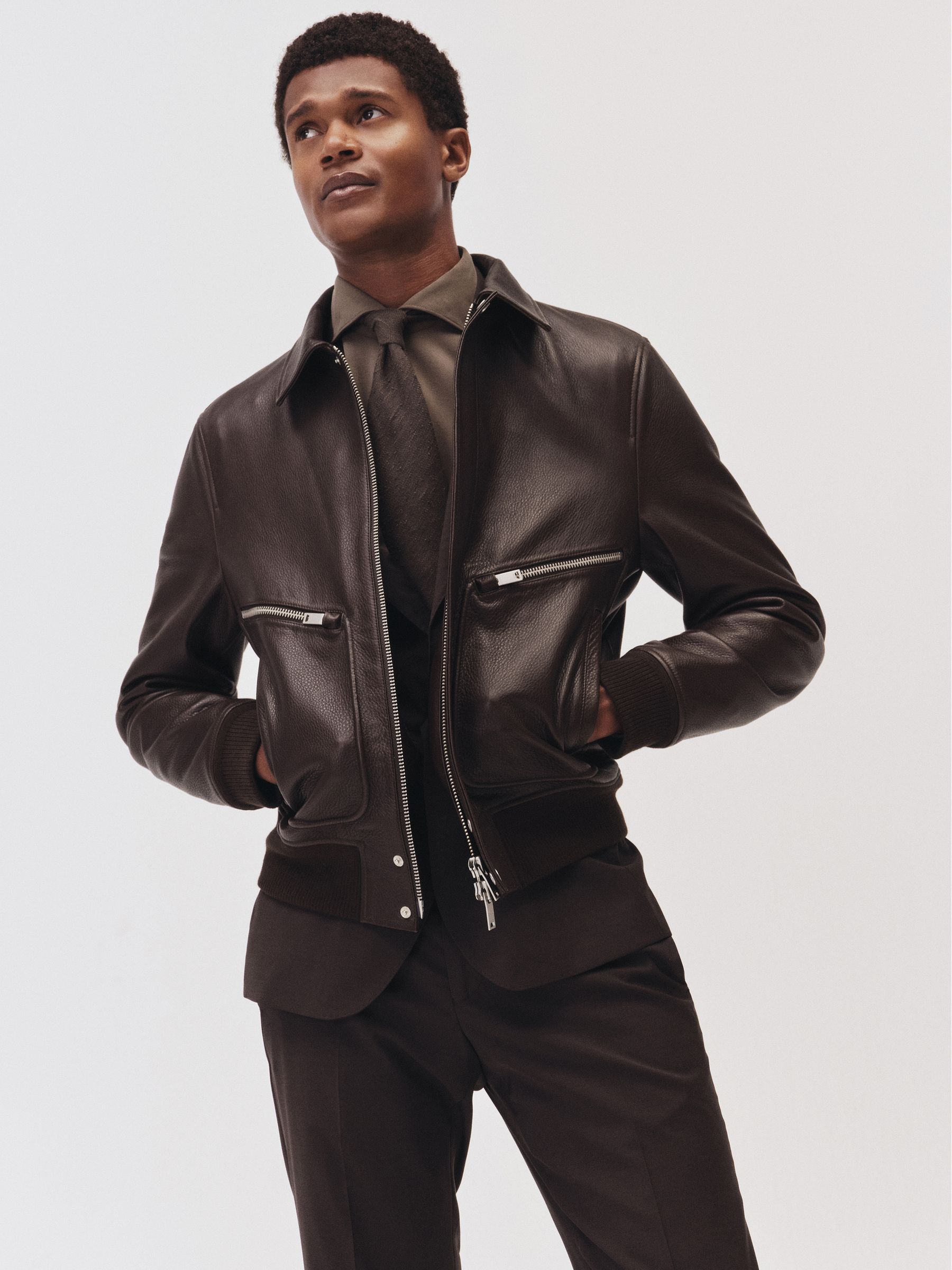 Burnished-Leather Zip-Through Jacket in Chocolate Brown