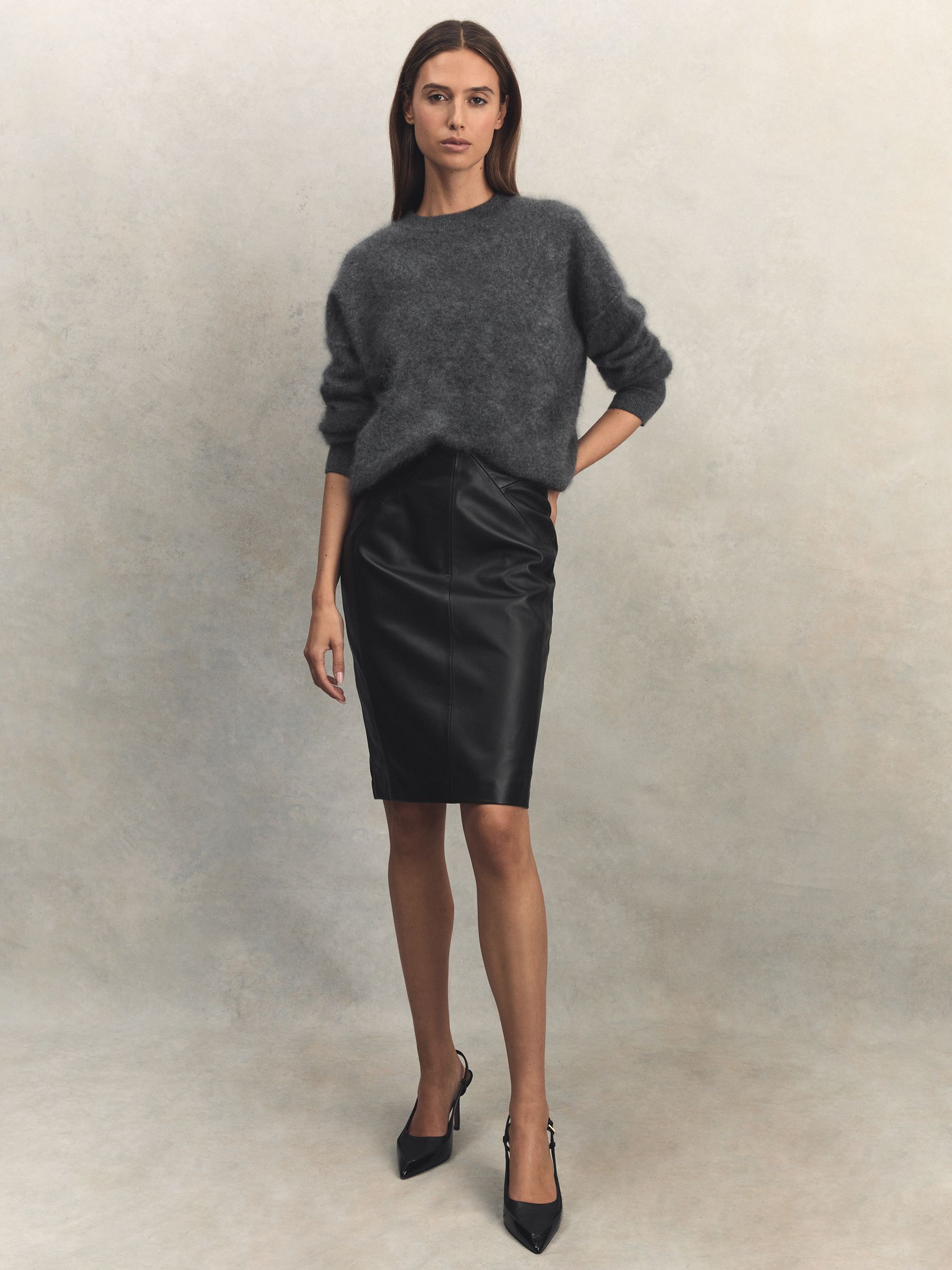 Leather High Rise Midi Skirt in Black