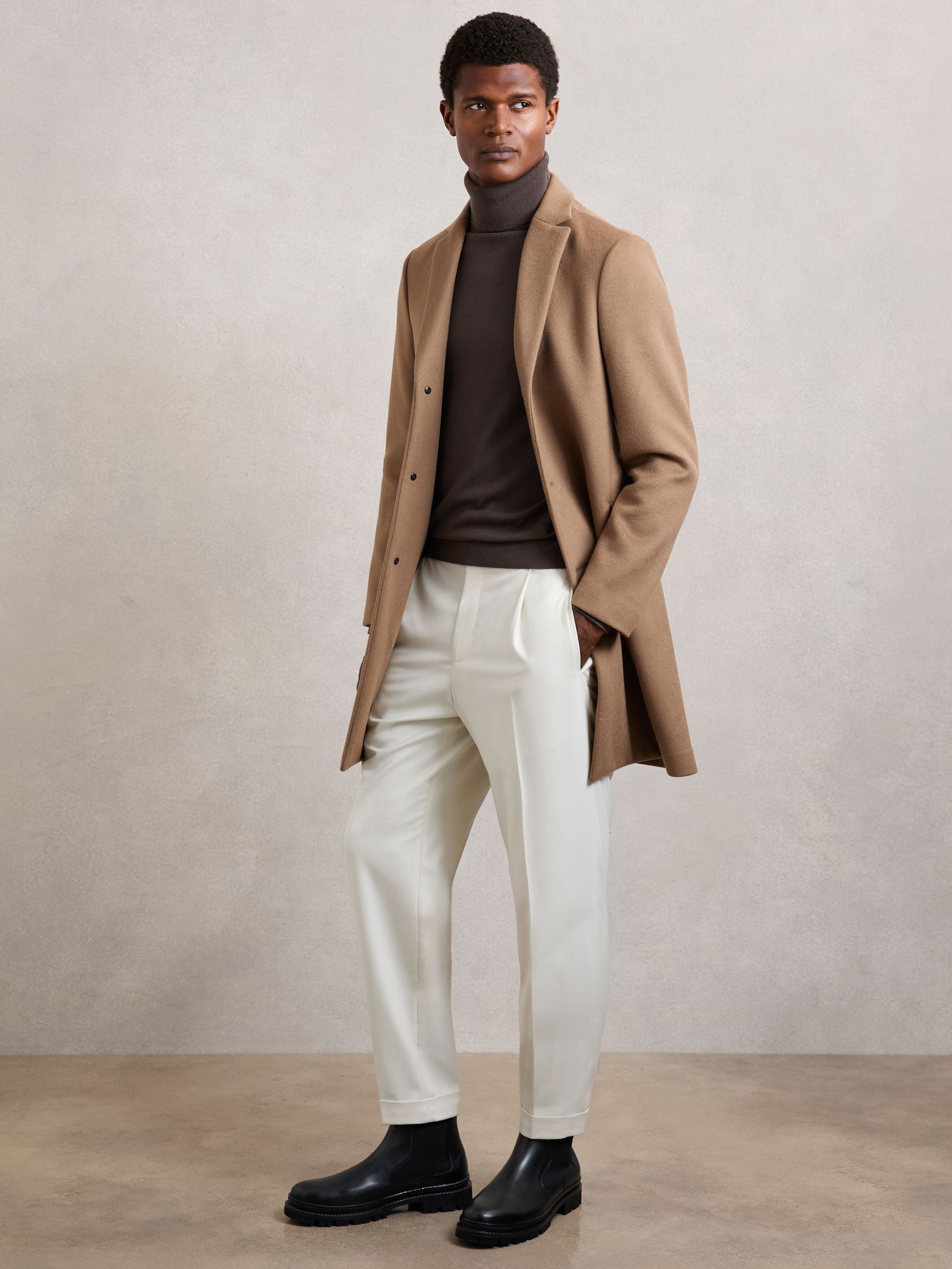 Wool-Blend Single-Breasted Overcoat in Light Brown