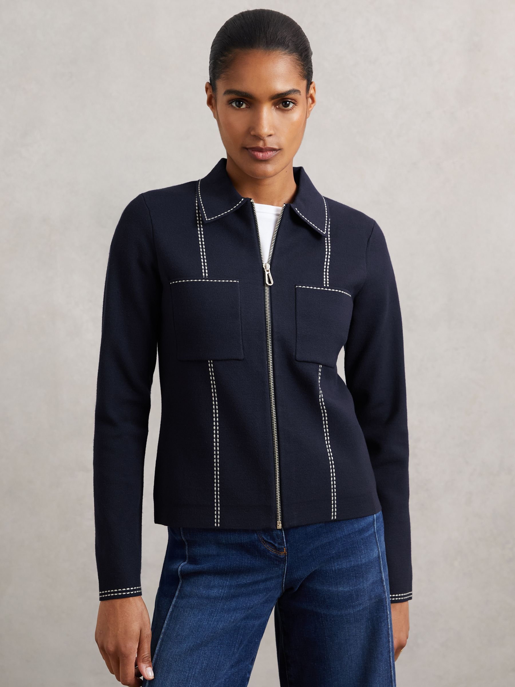 Stitch-Detail Zip-Through Cardigan in Navy