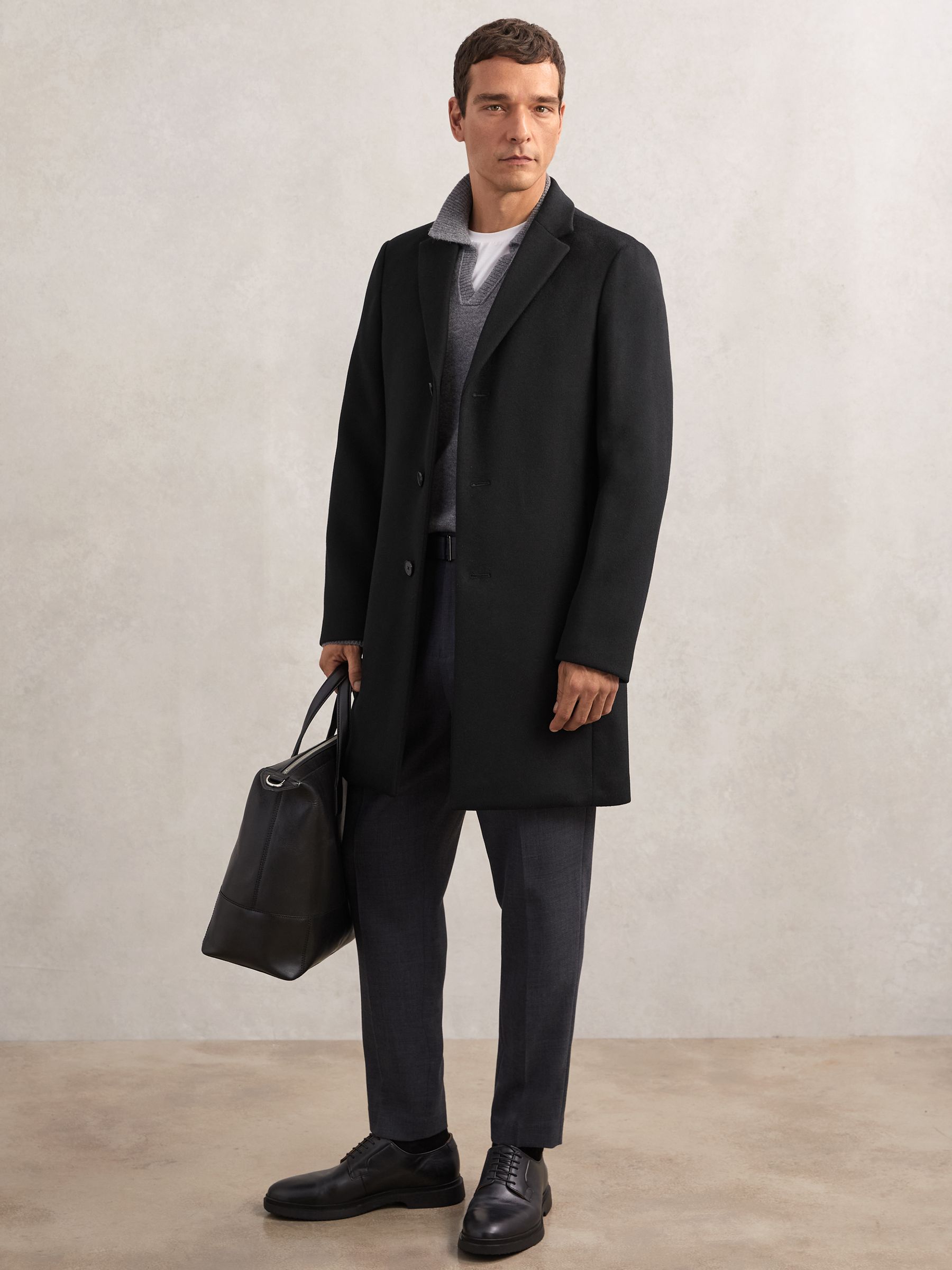 Wool-Blend Single-Breasted Overcoat in Black