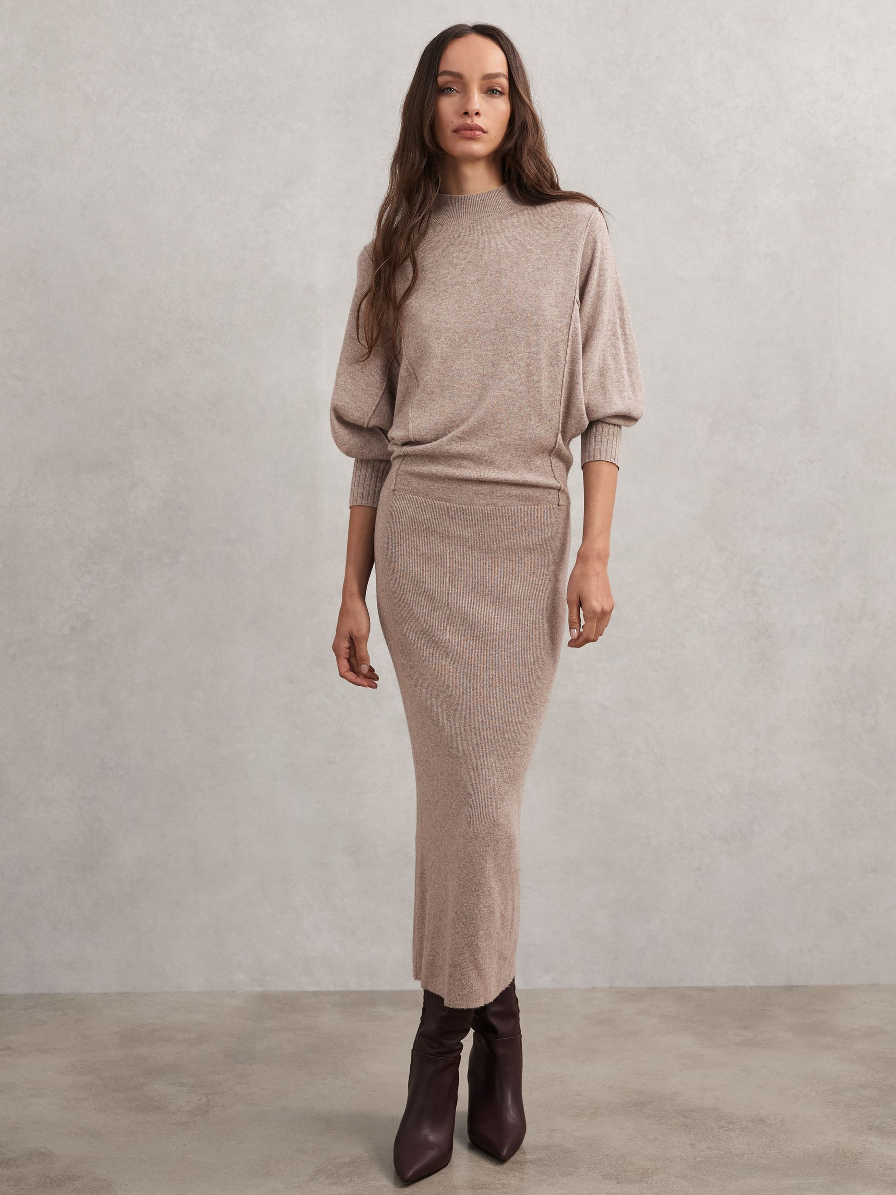 Wool-Blend High-Neck Knitted Dress with Cashmere in Neutral