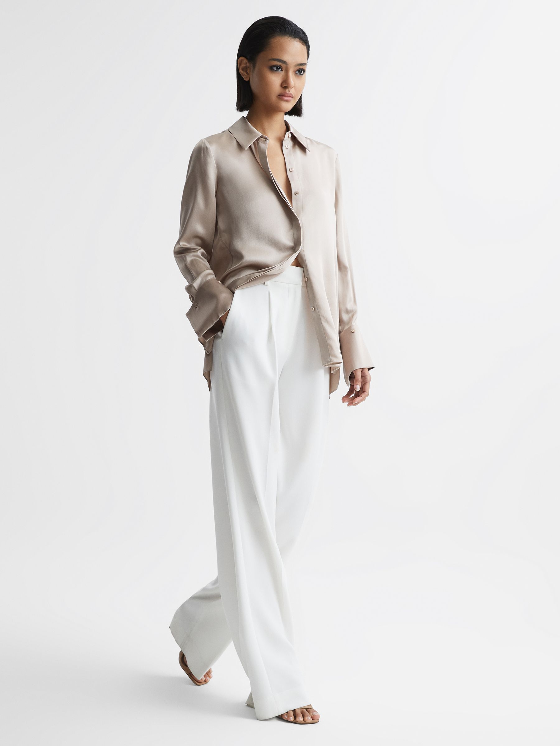 Silk Double-Cuff Button-Through Shirt in Champagne