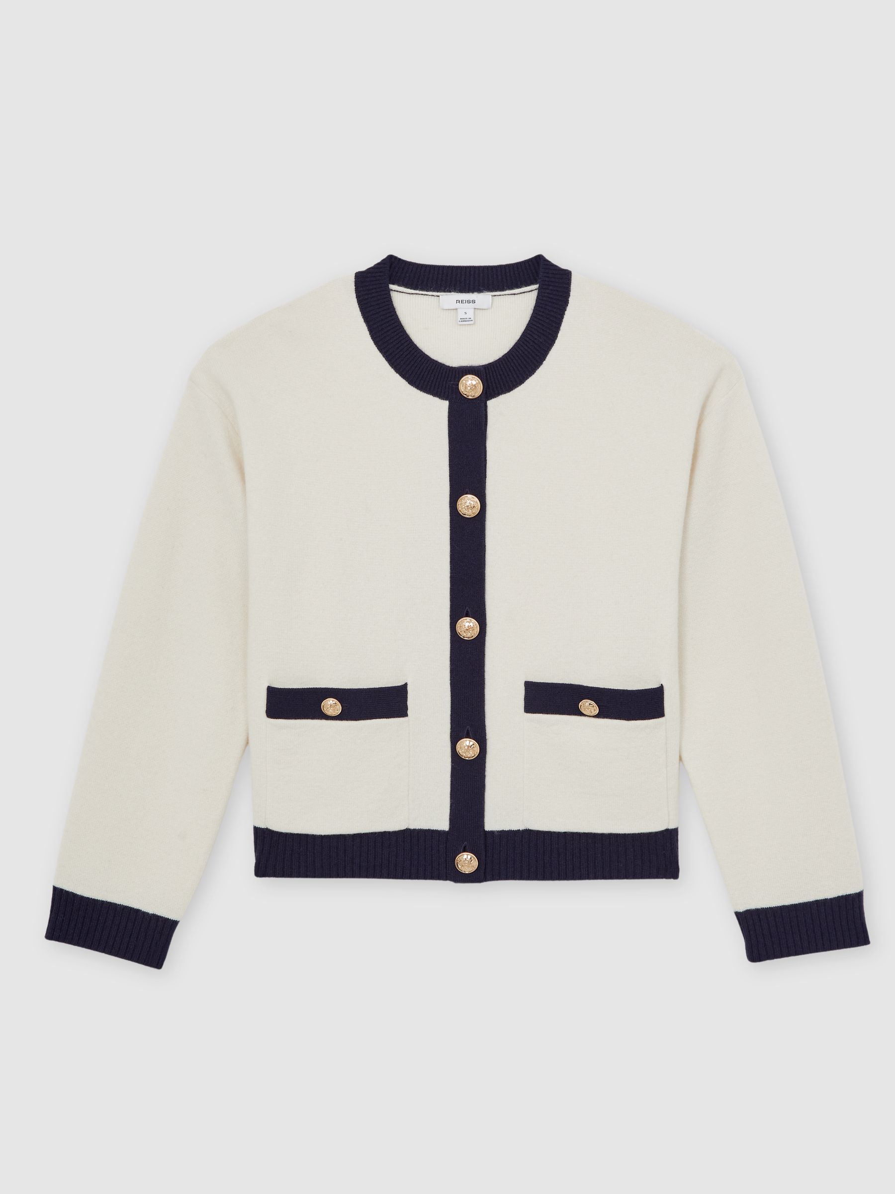 Wool-Cashmere Crew-Neck Cardigan in Cream/Navy