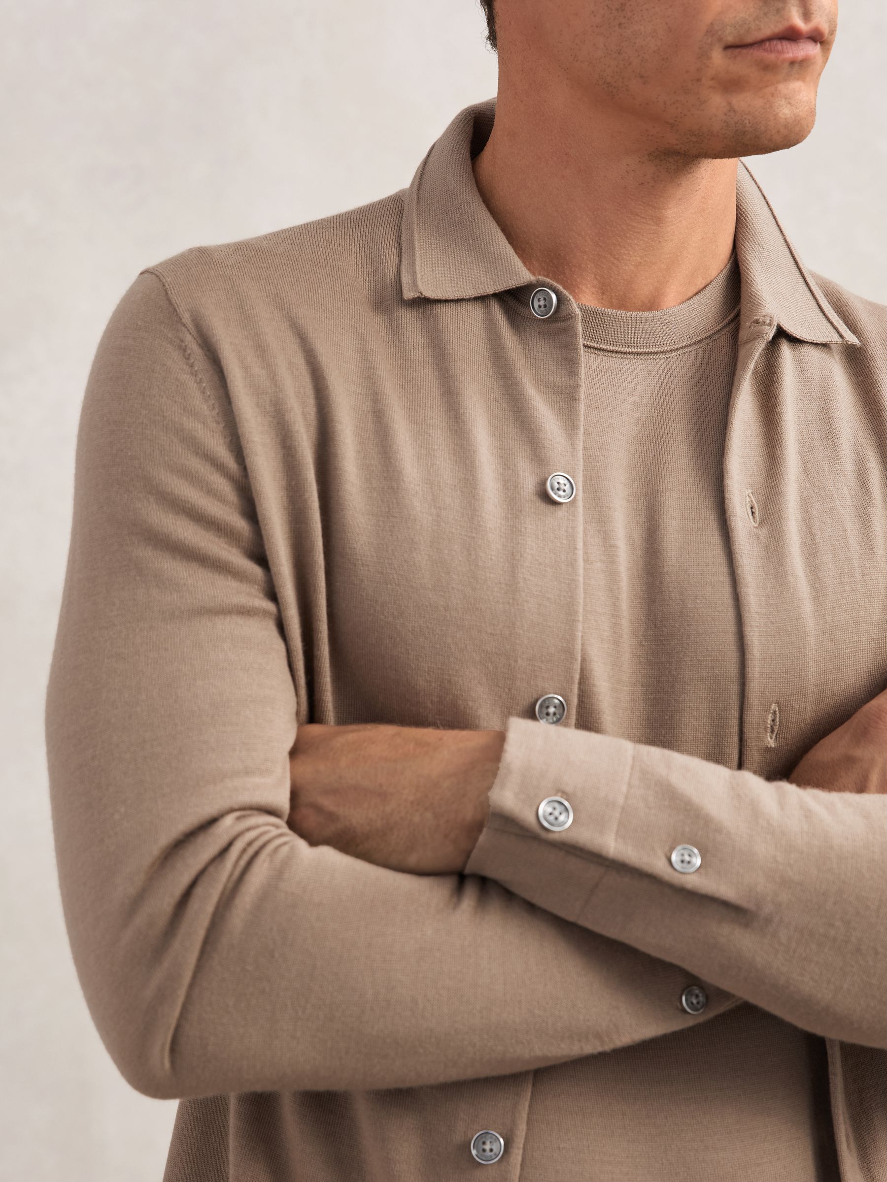 Merino Wool Button-Through Cardigan in Camel Brown